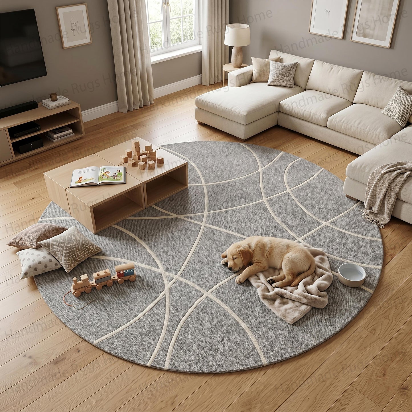 Round grey hand tufted wool rug with white geometric curved lines in a modern living room,

Circular slate carpet featuring abstract intersecting ivory pathways,

Luxury pet friendly floor covering styled in a minimalist contemporary home,

Plush premium quality geometric mat under a wooden coffee table,

Elegant interior design showcasing a bespoke round rug with soft texture