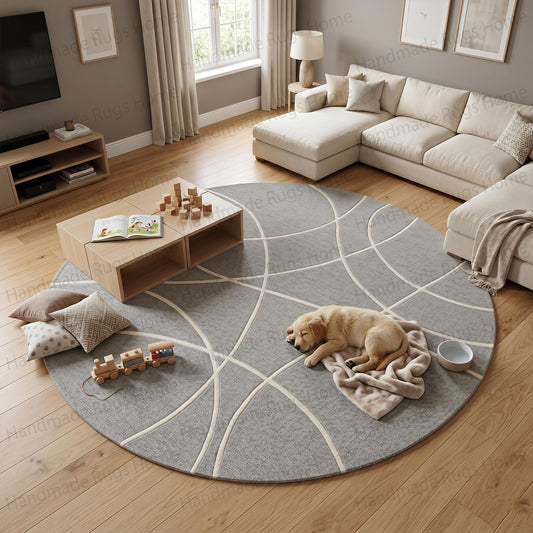 Round grey hand tufted wool rug with white geometric curved lines in a modern living room,

Circular slate carpet featuring abstract intersecting ivory pathways,

Luxury pet friendly floor covering styled in a minimalist contemporary home,

Plush premium quality geometric mat under a wooden coffee table,

Elegant interior design showcasing a bespoke round rug with soft texture