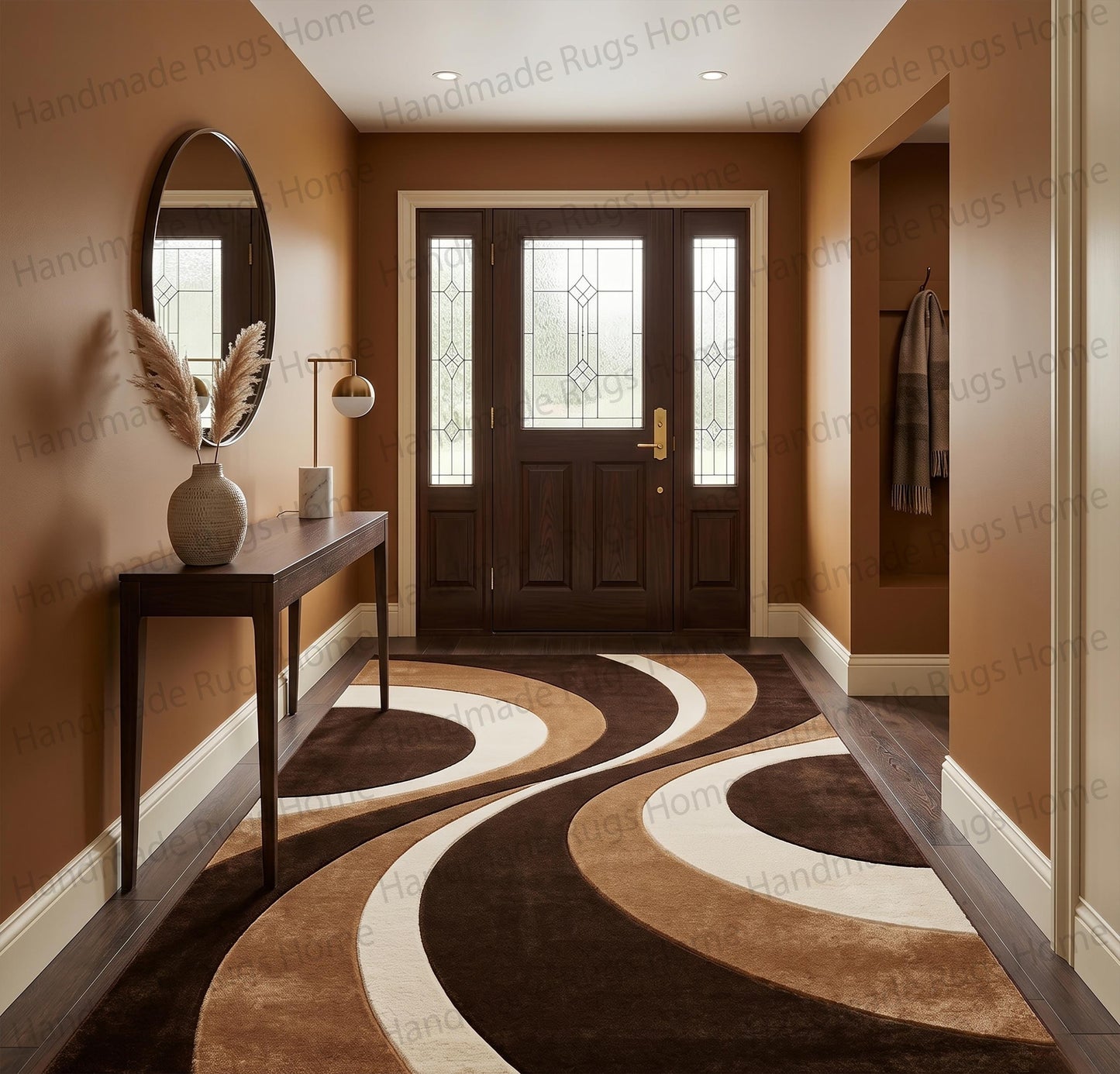 Premium hand-tufted indoor rug abstract styling

Artistic modern brown wave pattern area flooring

Plush texture wool rug highlighting espresso beige contrast