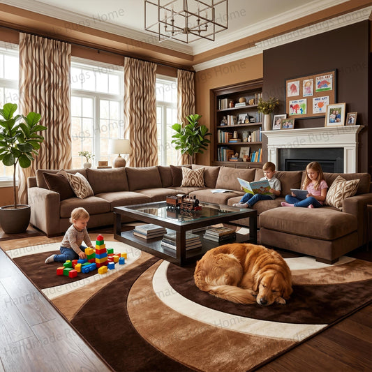 Abstract wavy pattern brown and cream hand-tufted wool rug

Contemporary chocolate and ivory swirl area rug

Mid-century modern curved lines floor covering in mocha

Luxury hand-tufted wool carpet with tan and espresso waves

Modern abstract geometric rug for living room decoration

Top-down view of a swirling brown beige carpet

Handcrafted woolen rug featuring dynamic fluid movement design

Elegant multi-toned earthy aesthetic area rug