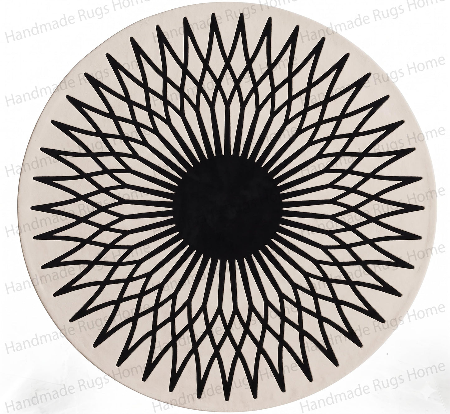 Soft underfoot circular rug crafted with striking two-tone pattern.

Sun motif monochrome decorative rug for minimalist spaces.

Unique hand-tufted textile showcasing optical illusion expanding lines.

Sophisticated round carpet highlighting bold modern interior styling.

Top-down perspective of a luxury geometric black and ivory wool rug.