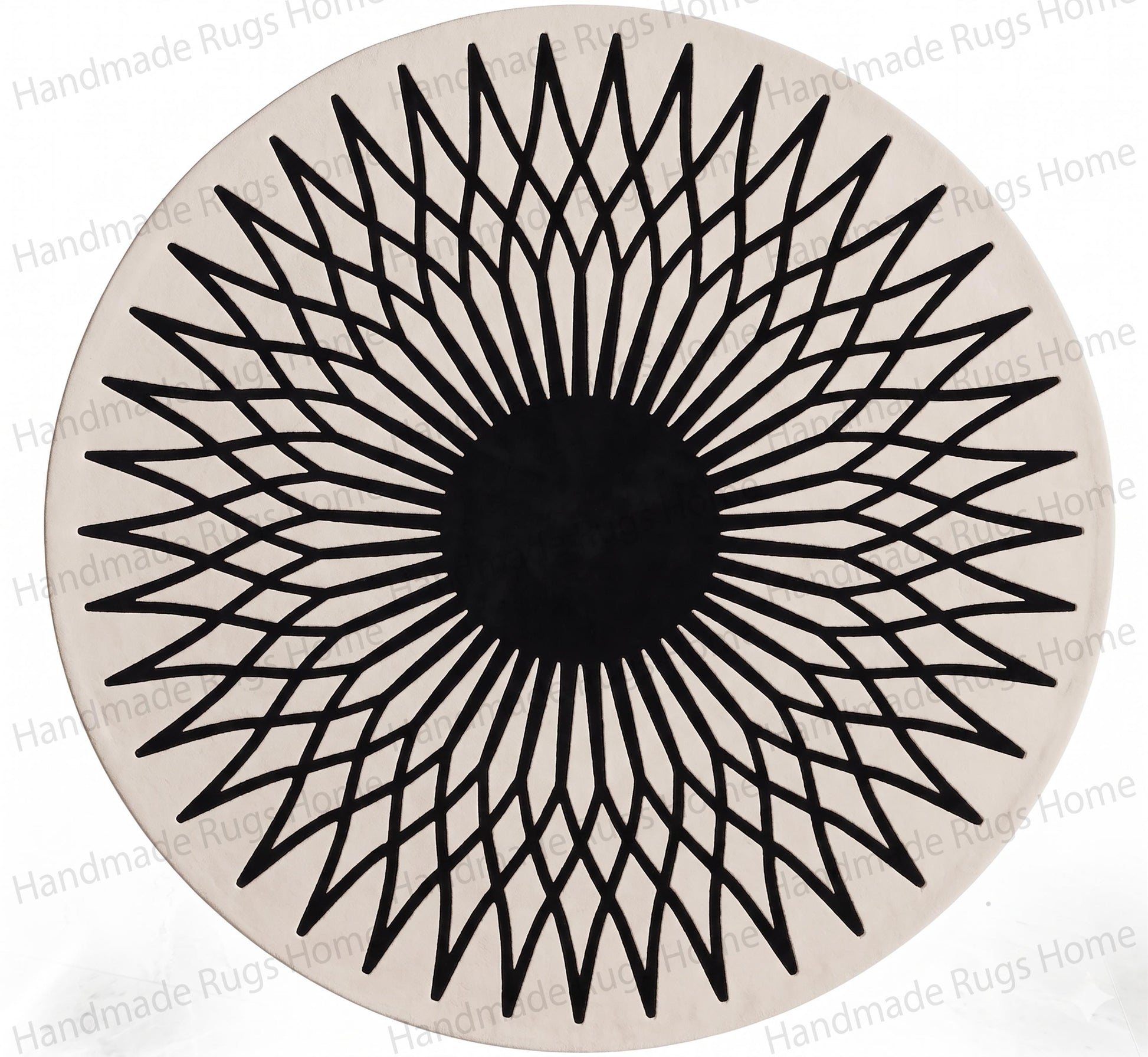 Soft underfoot circular rug crafted with striking two-tone pattern.

Sun motif monochrome decorative rug for minimalist spaces.

Unique hand-tufted textile showcasing optical illusion expanding lines.

Sophisticated round carpet highlighting bold modern interior styling.

Top-down perspective of a luxury geometric black and ivory wool rug.