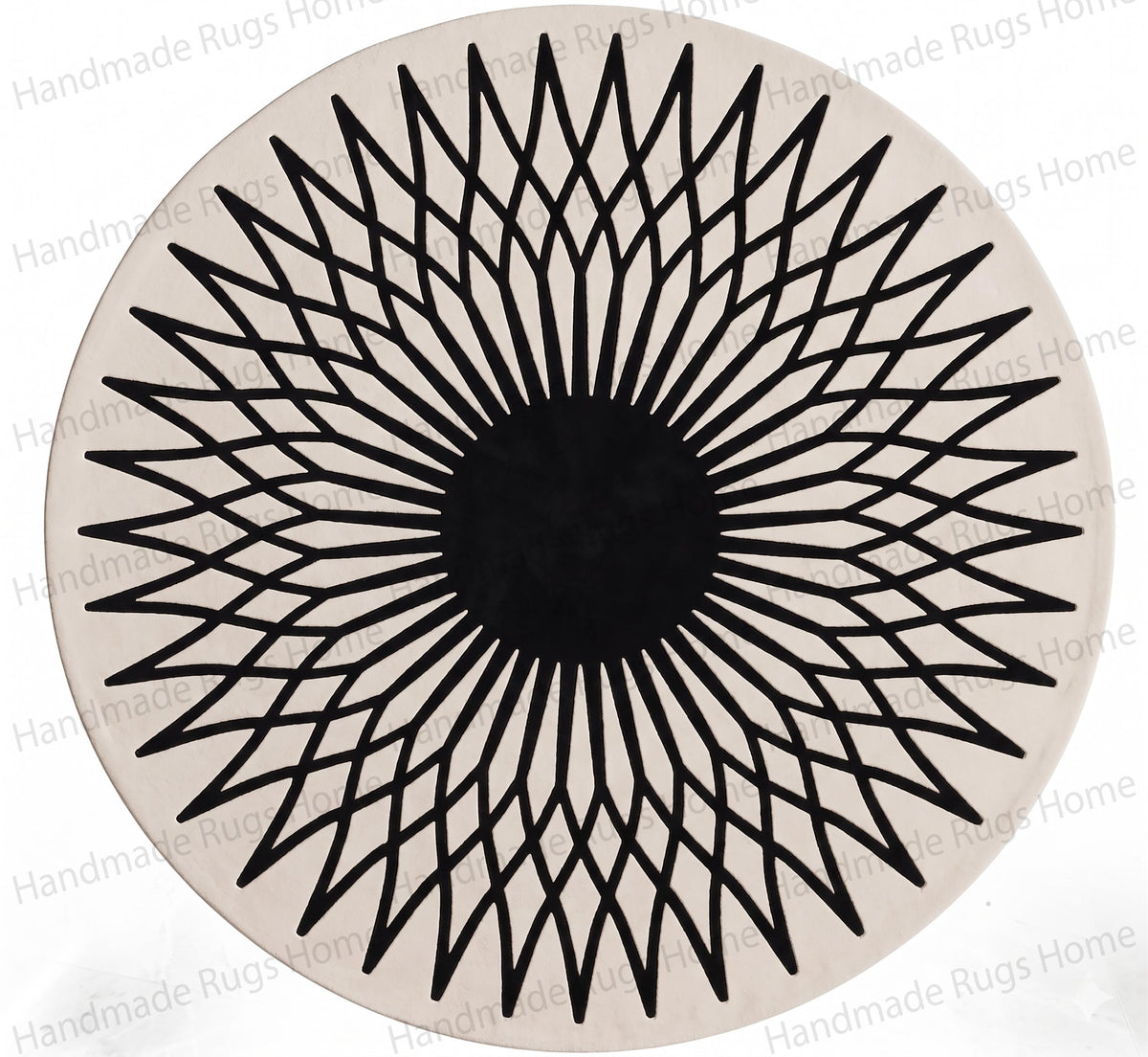 Soft underfoot circular rug crafted with striking two-tone pattern.

Sun motif monochrome decorative rug for minimalist spaces.

Unique hand-tufted textile showcasing optical illusion expanding lines.

Sophisticated round carpet highlighting bold modern interior styling.

Top-down perspective of a luxury geometric black and ivory wool rug.