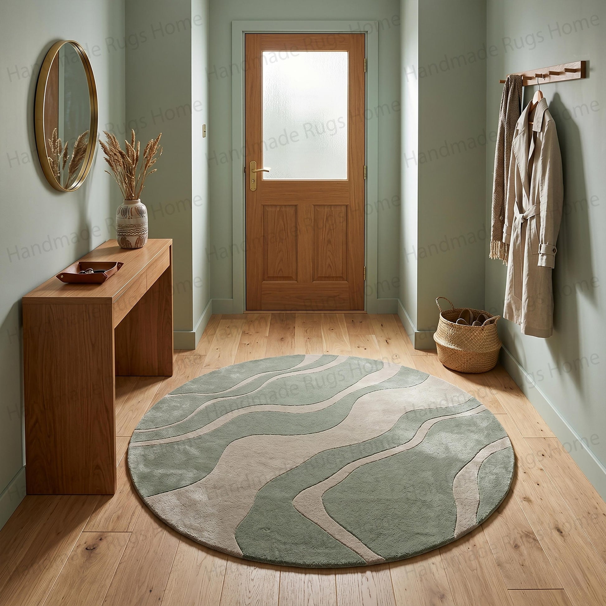 Sage green and warm sand beige circular wool rug against clean backdrop.

Earthy tone round carpet with soft ivory and muted olive green swirls.

Muted green and neutral cream wave pattern hand-tufted floor mat.

Eucalyptus colored circular area rug with elegant sandstone contours.

Premium round rug displaying calming pastel green and light beige textures.
