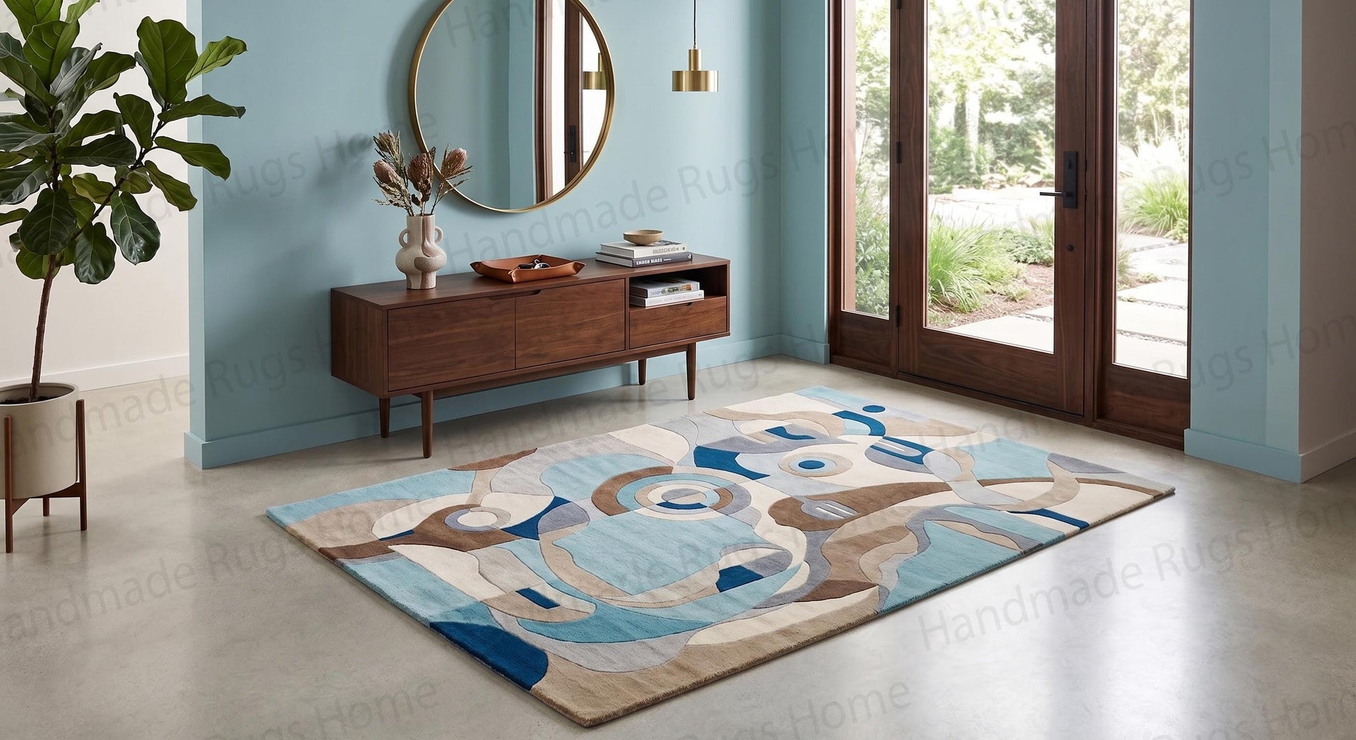 Minimalist yet complex curvilinear pattern carpet.

Hand-finished carved details modern floor covering.

Statement piece abstract expressionist home textile.

Cozy living space grounding element with circular motifs.

Eclectic decor friendly blue and tan woven rug.