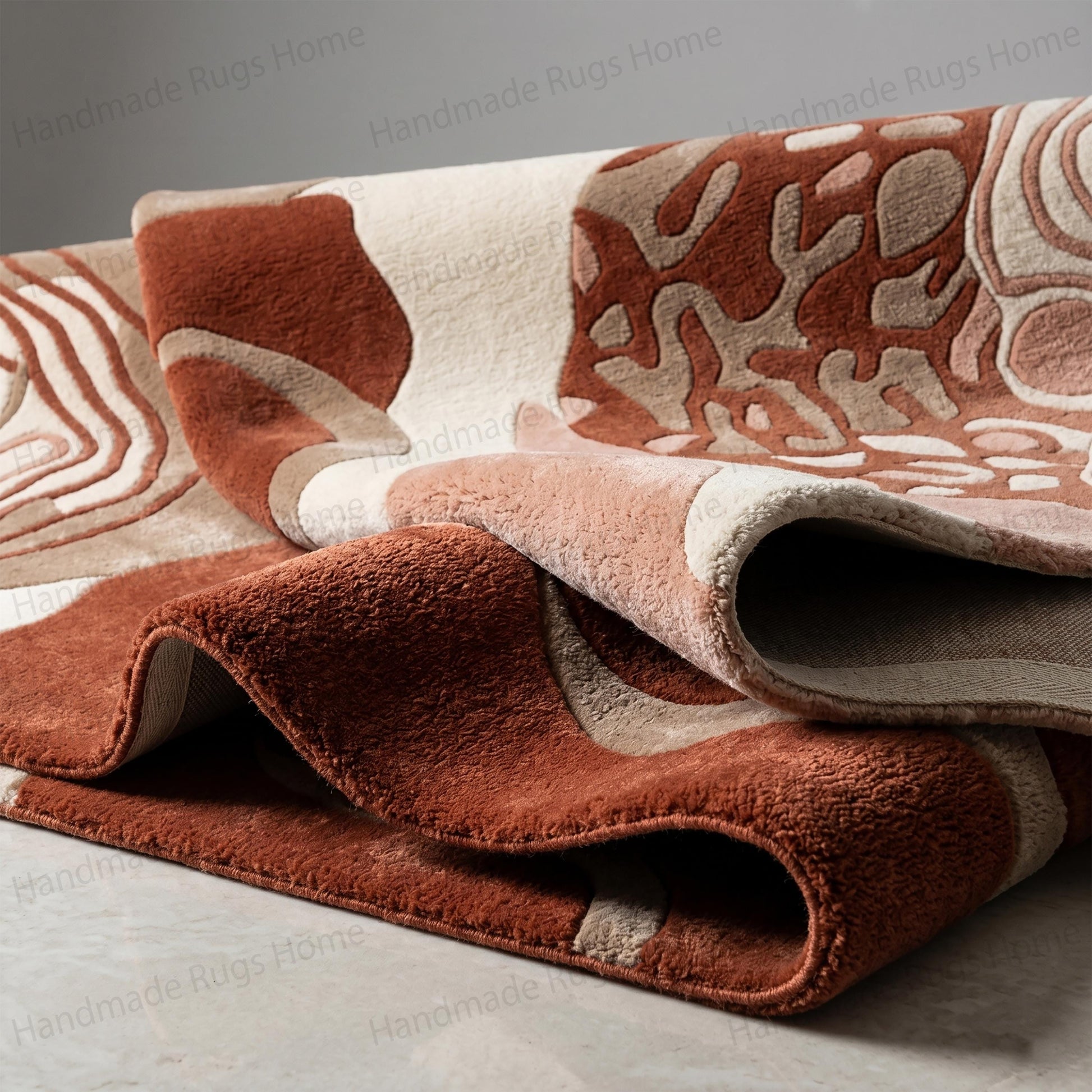 Boho-chic earthy tone rug displaying dynamic visual movement.

Sophisticated living space accent featuring abstract mountain contours.

Textural rust-colored home textile piece utilizing varied pile heights.

Modernist interior element combining curved shapes alongside contrasting hues.

Premium hand-tufted carpet designed with overlapping geometric blobs.