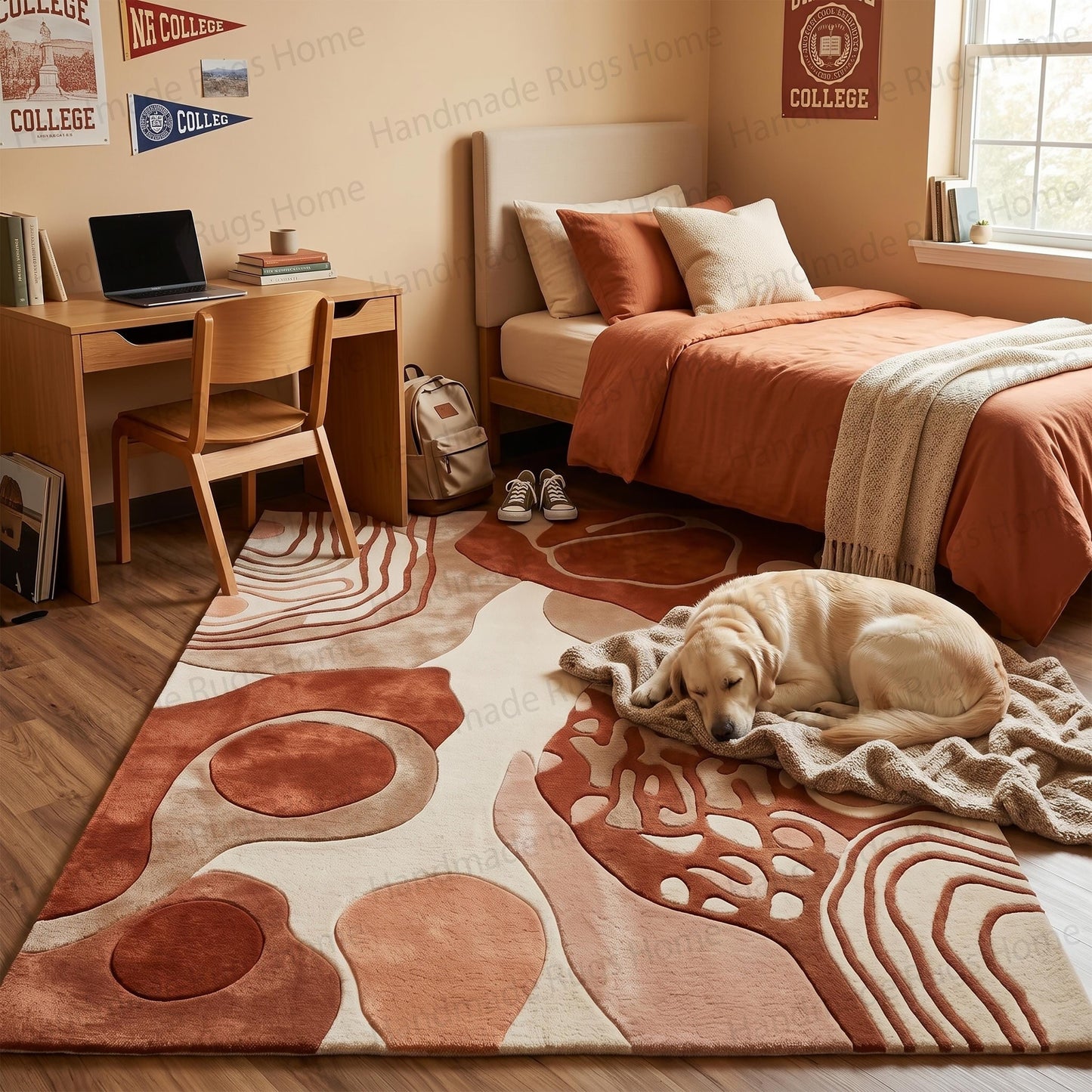 Luxurious thick pile carpet blending southwestern and boho styles.

Asymmetrical modern art rug showcasing contour map inspiration.

Soft underfoot home accessory in shades of mocha and beige.

Unique custom-look floor covering boasting intricate line work.

Statement entryway mat featuring bold terracotta circular elements.

Multi-dimensional handcrafted wool rug exhibiting natural textures.
