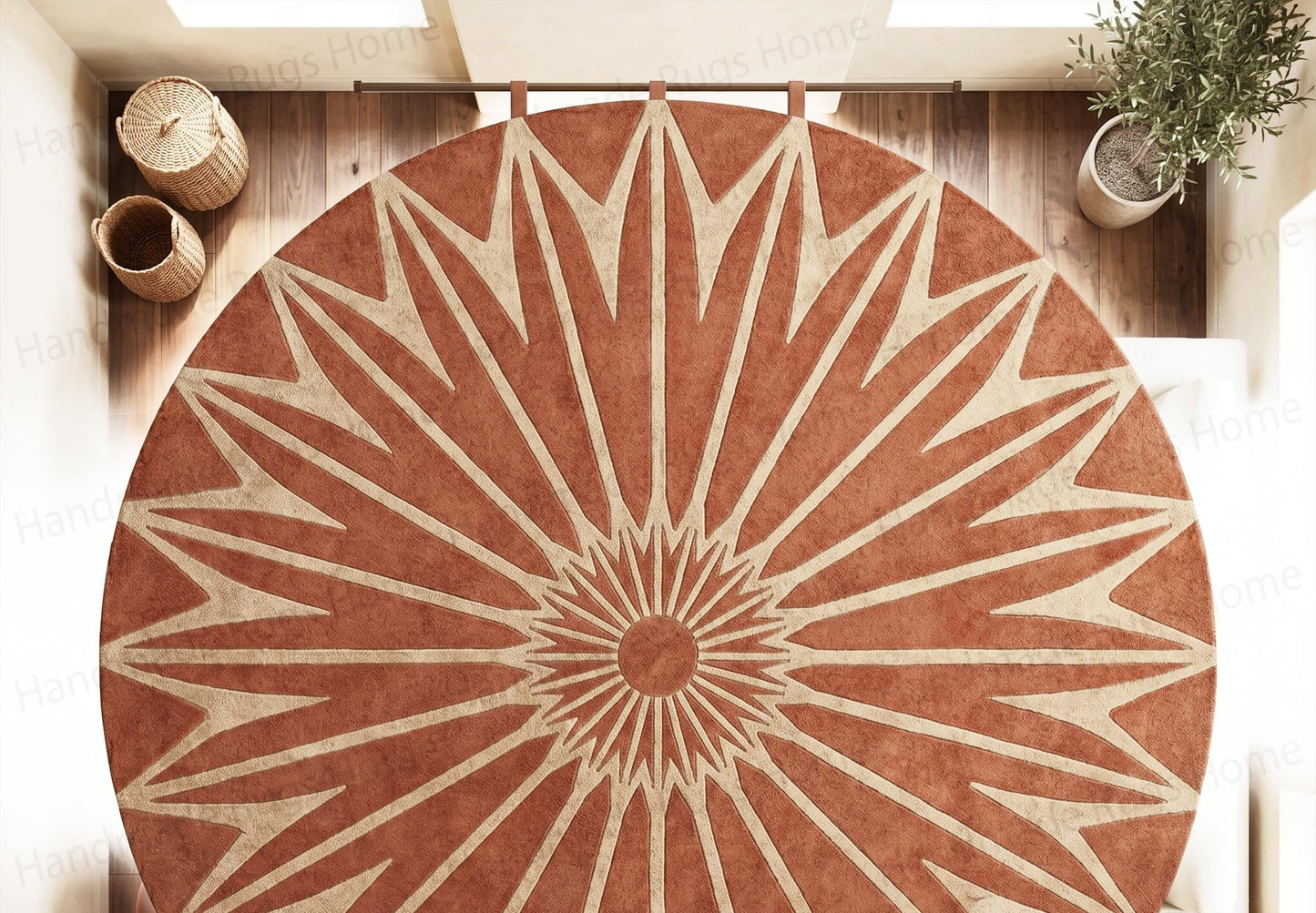Geometric mid-century style round floor covering in earthy hues

Rust colored circular accent rug with contrasting sand star pattern

Handcrafted tufted wool rug featuring a dynamic radial design

Cozy round bohemian floor mat in burnt orange tones

Abstract geometric star pattern on a circular terracotta background

High-quality wool sunburst rug for contemporary home interiors

Round floor carpet showing off a vibrant terracotta and cream sun design