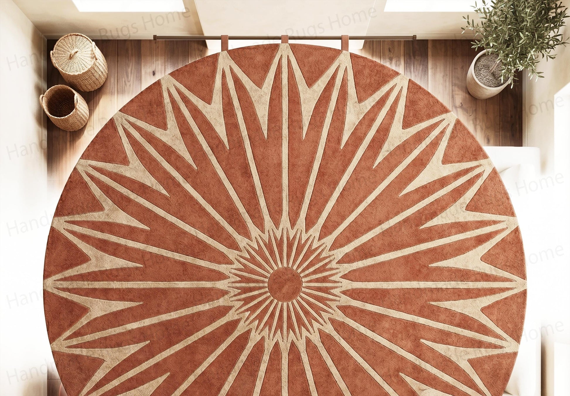 Geometric mid-century style round floor covering in earthy hues

Rust colored circular accent rug with contrasting sand star pattern

Handcrafted tufted wool rug featuring a dynamic radial design

Cozy round bohemian floor mat in burnt orange tones

Abstract geometric star pattern on a circular terracotta background

High-quality wool sunburst rug for contemporary home interiors

Round floor carpet showing off a vibrant terracotta and cream sun design