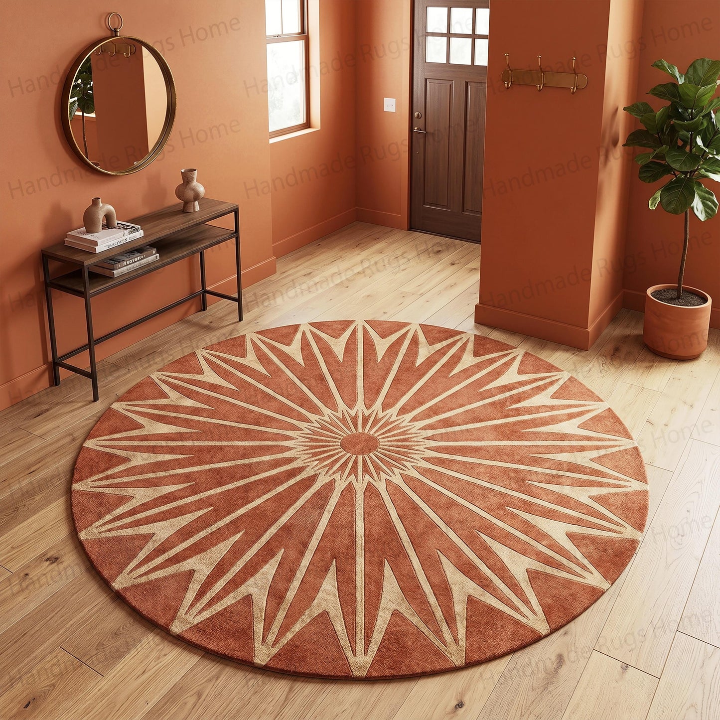 Bohemian style round rug in warm earthy terracotta and beige

Statement piece round hand-tufted rug with geometric focal point
