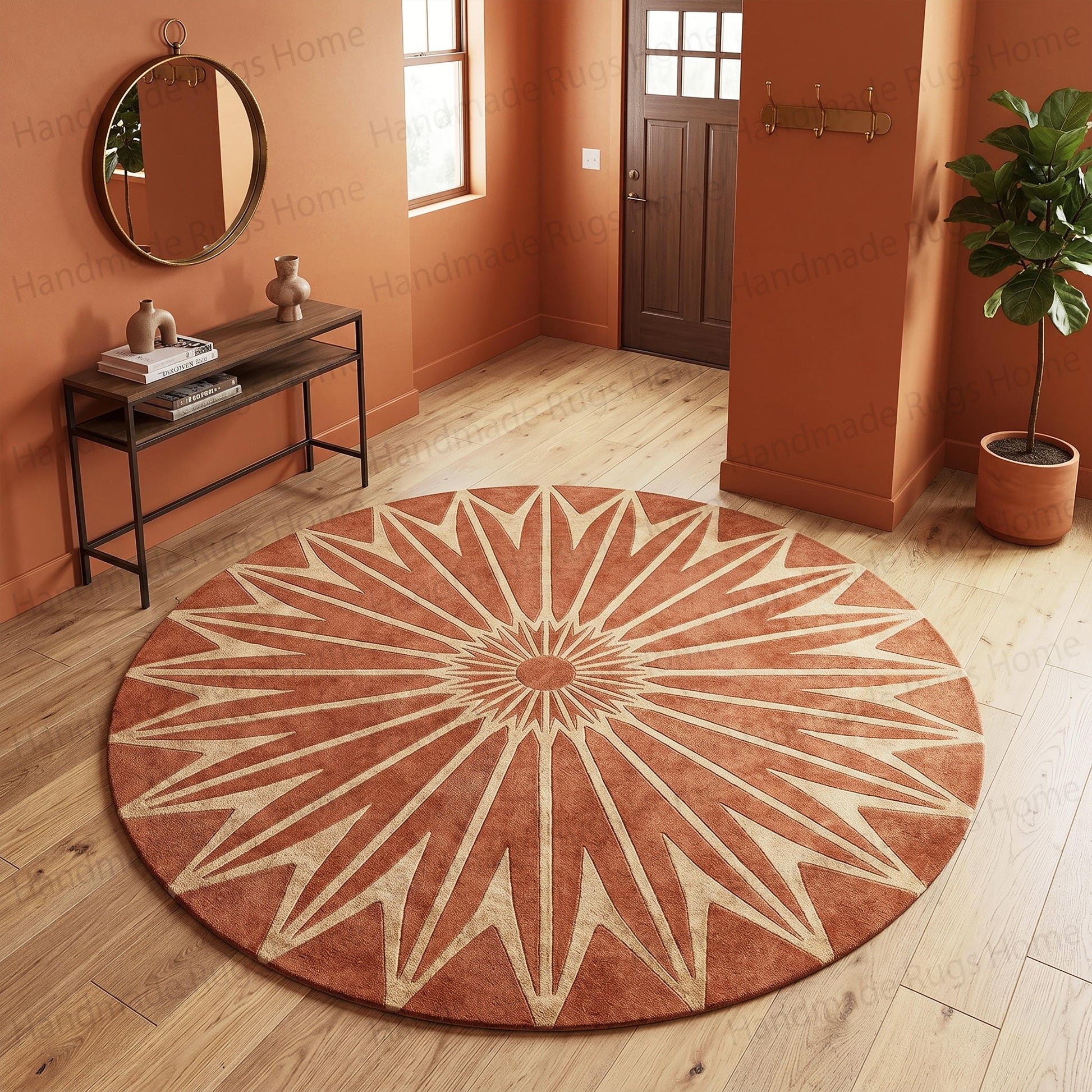 Bohemian style round rug in warm earthy terracotta and beige

Statement piece round hand-tufted rug with geometric focal point