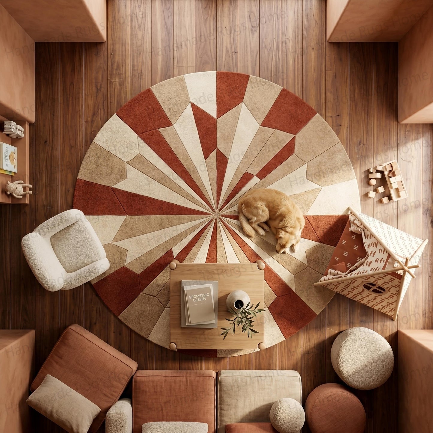 Hand Tufted Wool Sunburst Rug, Radiant Solstice Geometric Round Carpet