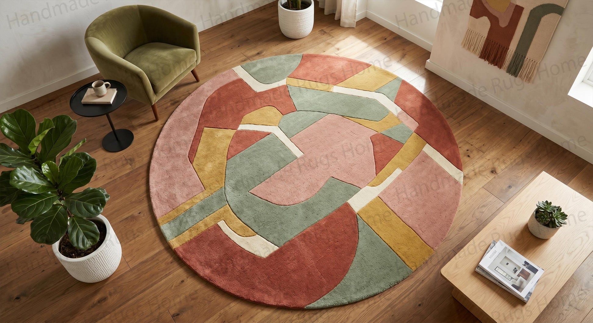 Designer round floor covering displaying an abstract puzzle-like color configuration.

Soft pastel blush and mustard accent rug in a circular shape for trendy interiors.

Durable hand-tufted round wool rug sitting on light oak wooden flooring.

Modern abstract textile artwork translated into a premium plush circular floor carpet.

Stylish entryway round rug adding immediate warmth and color to house guests.

Circular wool rug with organic color blocks matching minimalist home office setups.