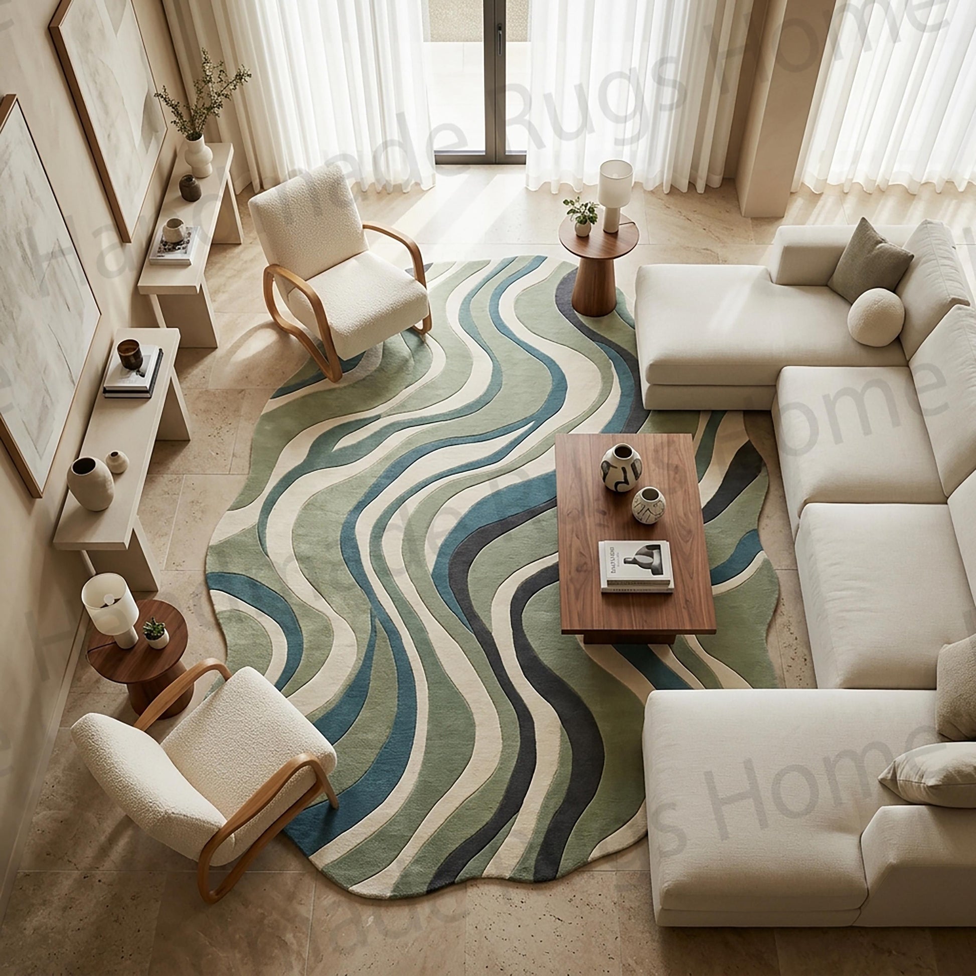 Earthy tone home decor inspiration featuring an abstract wavy line woolen floor mat.

Premium custom look rug with deep teal highlights and neutral off white framing waves.

Modern flat lay photo of a wavy edge artisan carpet against a plain bright backdrop.

Large family room centerpiece rug with an elegant flowing ribbon design in cool tones.

Sophisticated floor tapestry combining charcoal grey sage green and cream wool strands.