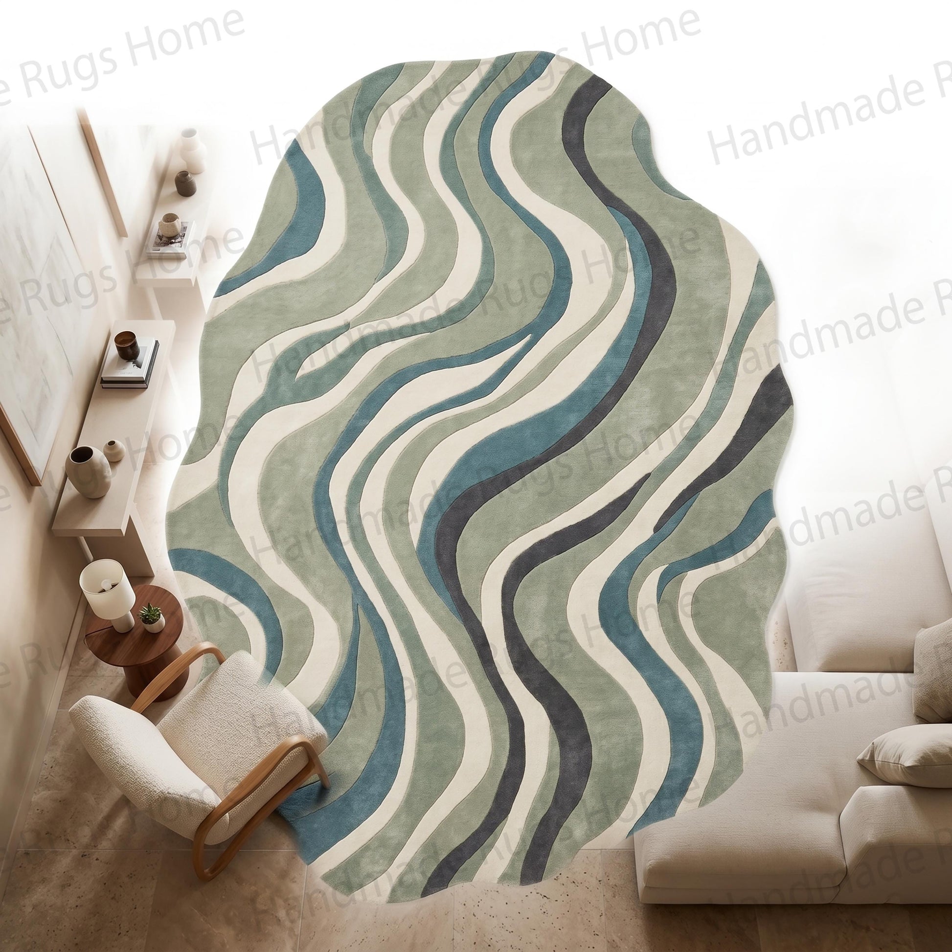 Stylized irregular floor mat showing a flowing river pattern in soft sage seafoam and deep teal.

Modern living room setup featuring a large wavy green rug styled under a minimalist white sectional sofa.

Cozy entryway floor decorated with an artistic serpentine line abstract wool rug.

Luxury interior design concept showcasing a custom shaped sage green accent rug on light tile floors.