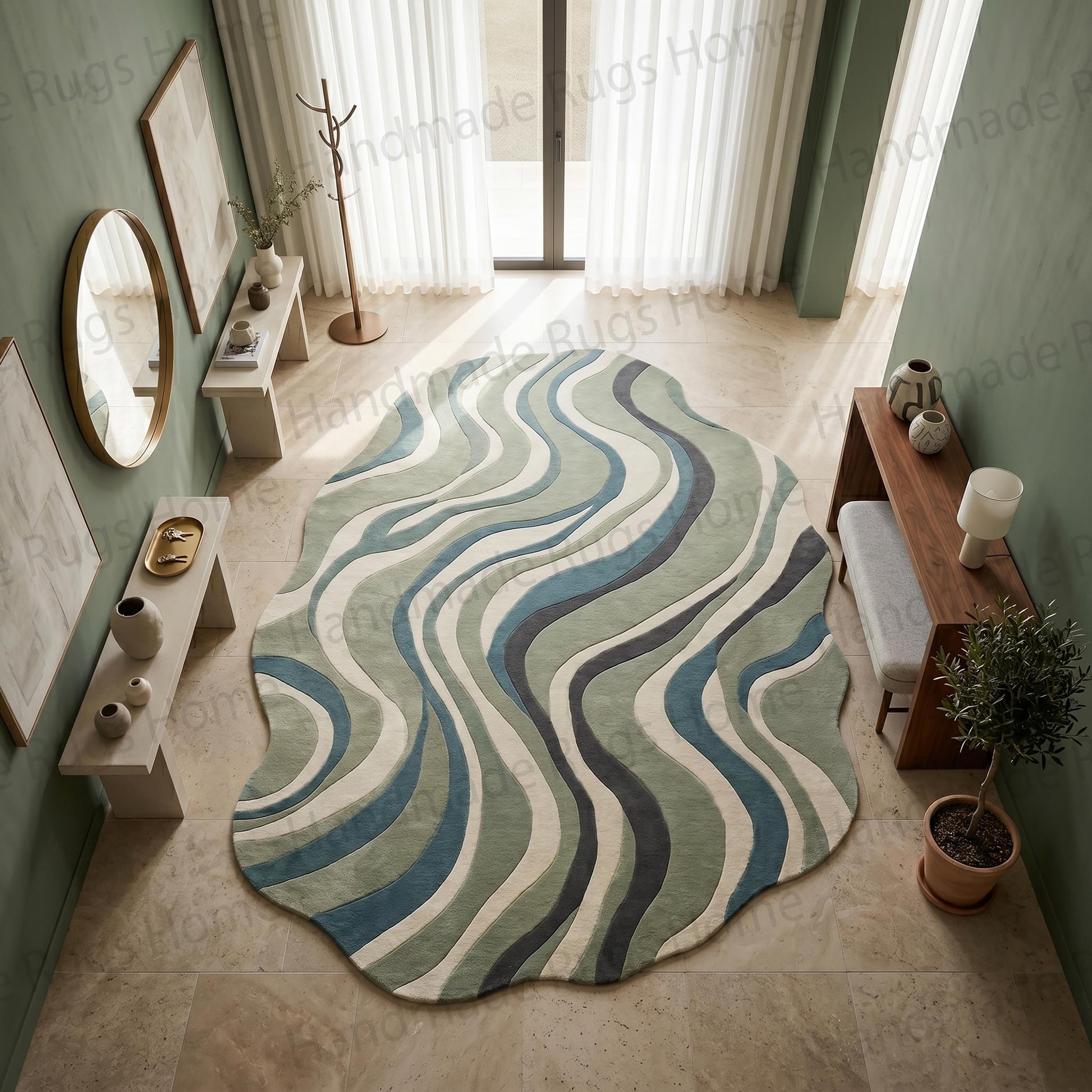 Artistic flowing wave rug template on white background suitable for product display.

Premium handmade textile art piece for floors in calming earthy shades and cream borders.

Minimalist nursery decor layout with a soft plush irregular wave pattern wool rug.

Sculptural design carpet with alternating sage green dark gray and beige curved stripes.

High angle view of a trendy organic modern rug spread out across a spacious bright room.