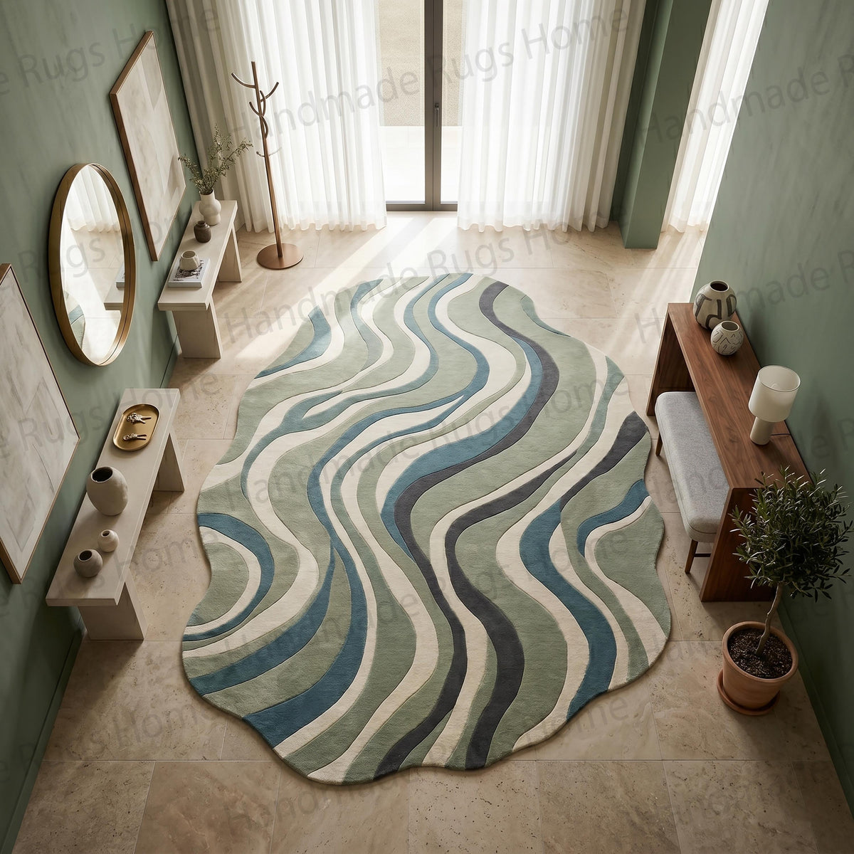Artistic flowing wave rug template on white background suitable for product display.

Premium handmade textile art piece for floors in calming earthy shades and cream borders.

Minimalist nursery decor layout with a soft plush irregular wave pattern wool rug.

Sculptural design carpet with alternating sage green dark gray and beige curved stripes.

High angle view of a trendy organic modern rug spread out across a spacious bright room.