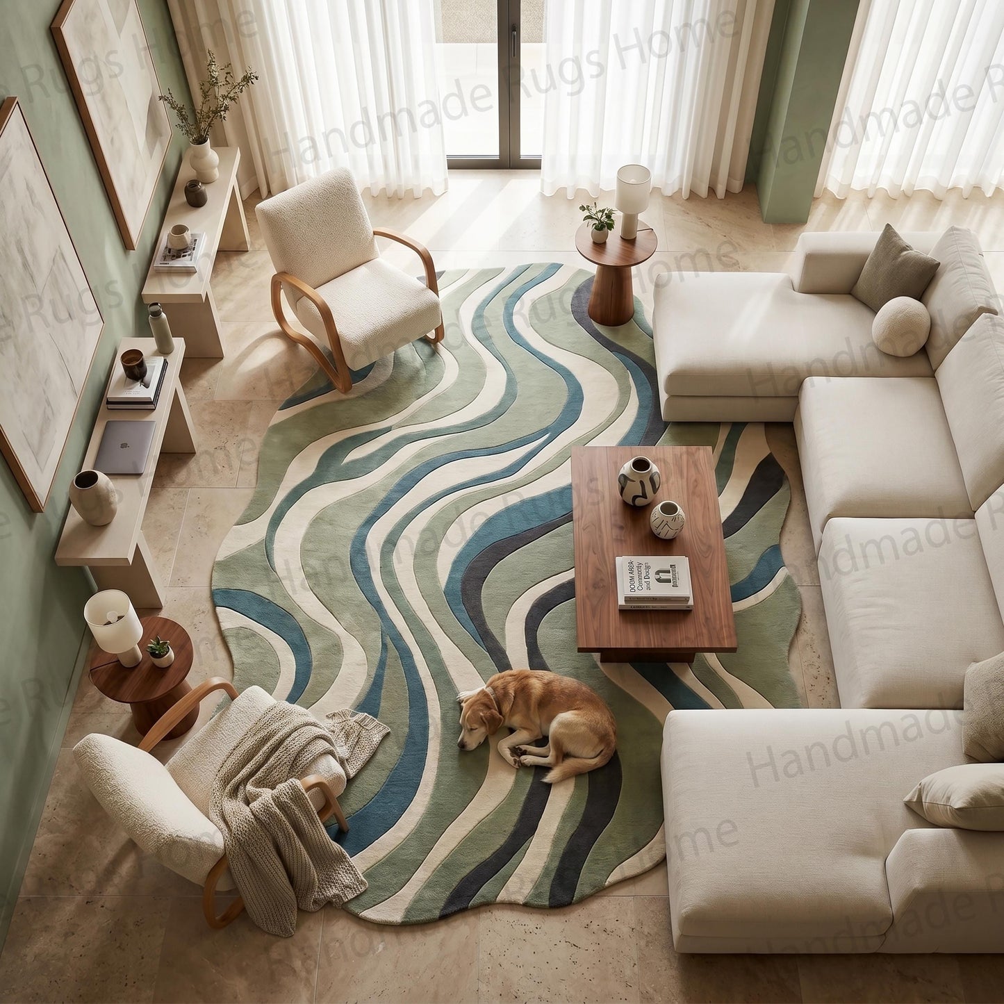 Durable stain resistant wool area rug perfect for high traffic zones and kids play areas.

Elegant floor covering with a rhythmic fluid pattern mimicking natural stone veins or water waves.

Sage green aesthetic home accent rug placed alongside contemporary wooden furniture.

Unique non rectangular wool carpet with an asymmetrical wavy contour for unique room design.

Soft natural wool fiber rug showcasing a dimensional hand tufted high low pile effect.