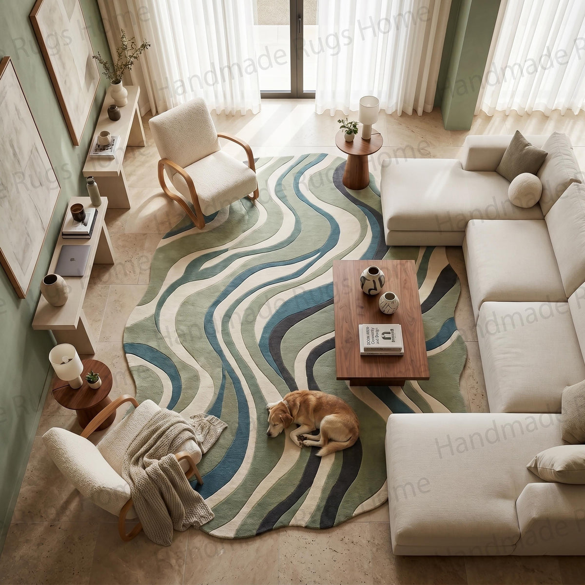 Durable stain resistant wool area rug perfect for high traffic zones and kids play areas.

Elegant floor covering with a rhythmic fluid pattern mimicking natural stone veins or water waves.

Sage green aesthetic home accent rug placed alongside contemporary wooden furniture.

Unique non rectangular wool carpet with an asymmetrical wavy contour for unique room design.

Soft natural wool fiber rug showcasing a dimensional hand tufted high low pile effect.