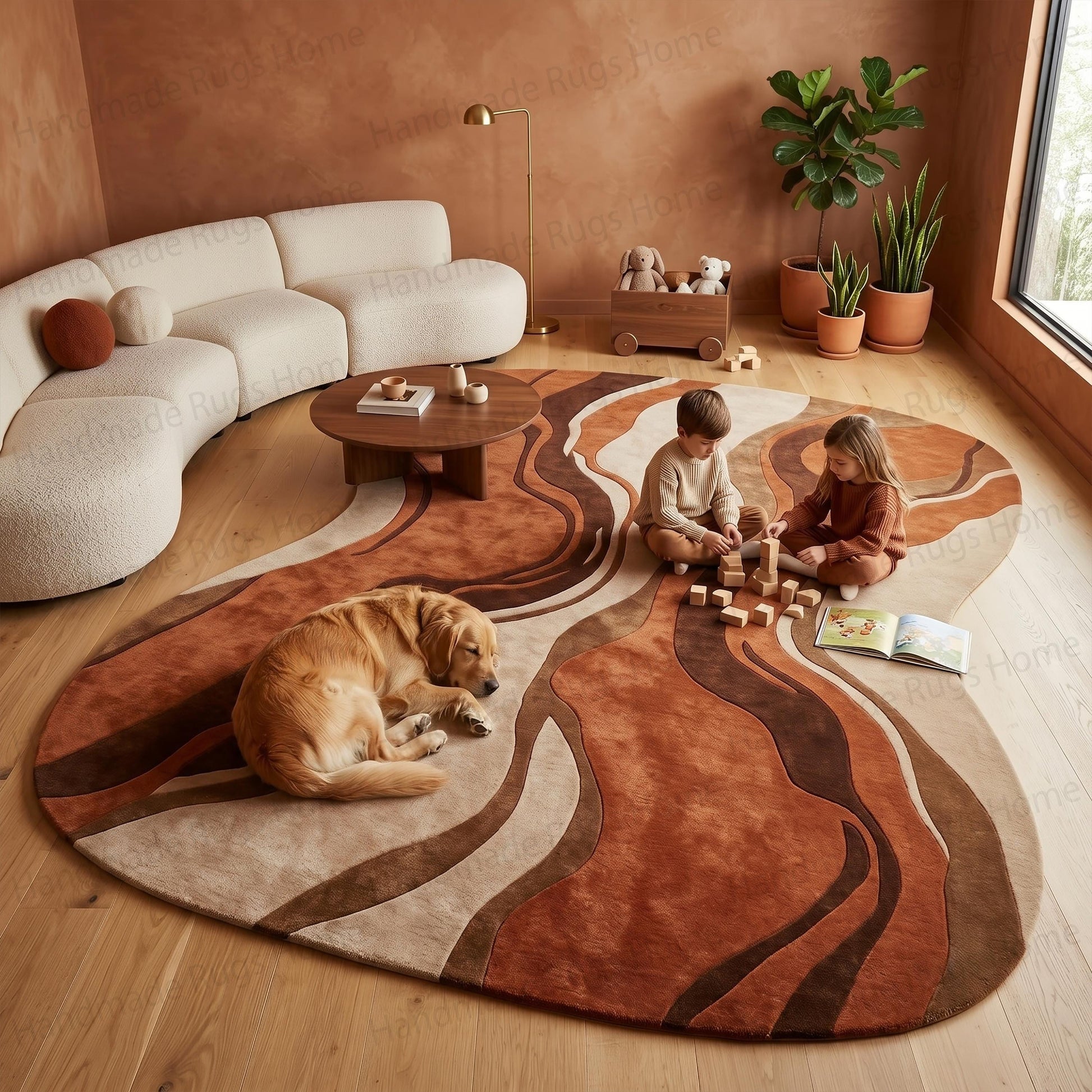Abstract irregular shaped hand tufted wool rug featuring wavy organic patterns in earthy terracotta rust cream and dark brown colors hanging vertically.