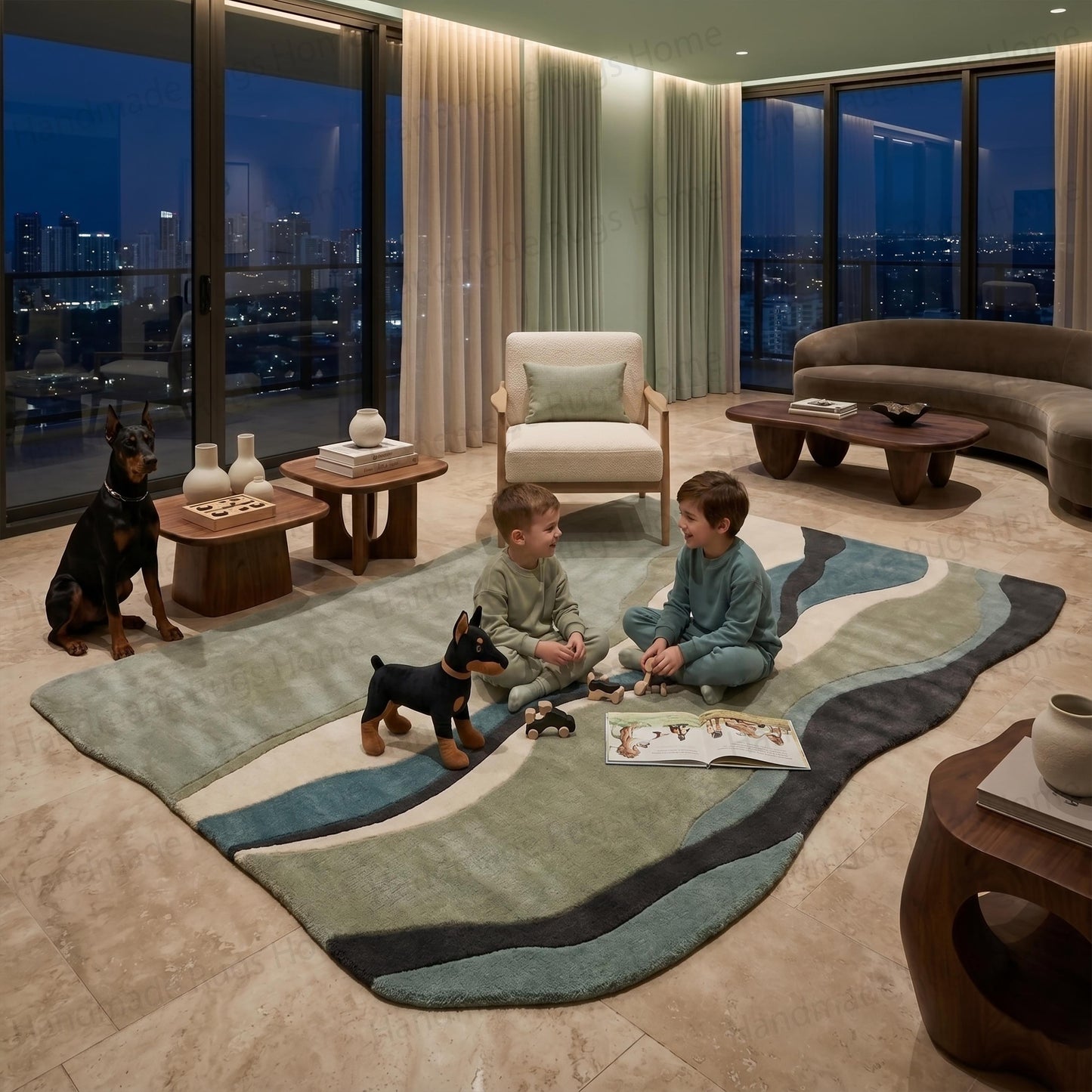 Modern abstract hand-tufted wool rug featuring green and blue waves

Two children playing comfortably on a plush wavy patterned carpet

Contemporary living room interior decorated with a stylish floor covering

Sage, teal, and ivory artisan crafted area mat

High-quality thick woolen rug perfect for family spaces

Elegant home decor showcasing an ocean-inspired textile design