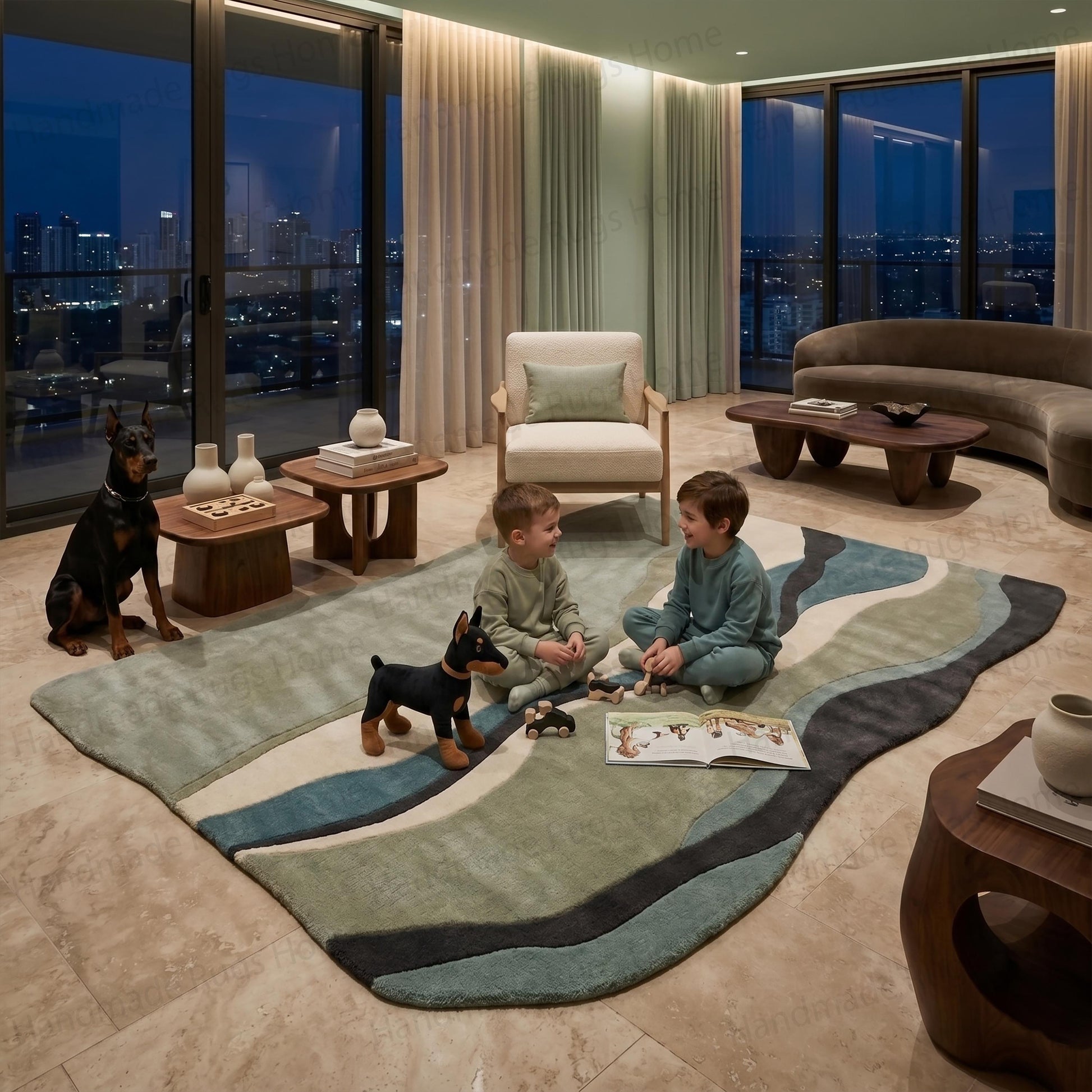 Modern abstract hand-tufted wool rug featuring green and blue waves

Two children playing comfortably on a plush wavy patterned carpet

Contemporary living room interior decorated with a stylish floor covering

Sage, teal, and ivory artisan crafted area mat

High-quality thick woolen rug perfect for family spaces

Elegant home decor showcasing an ocean-inspired textile design