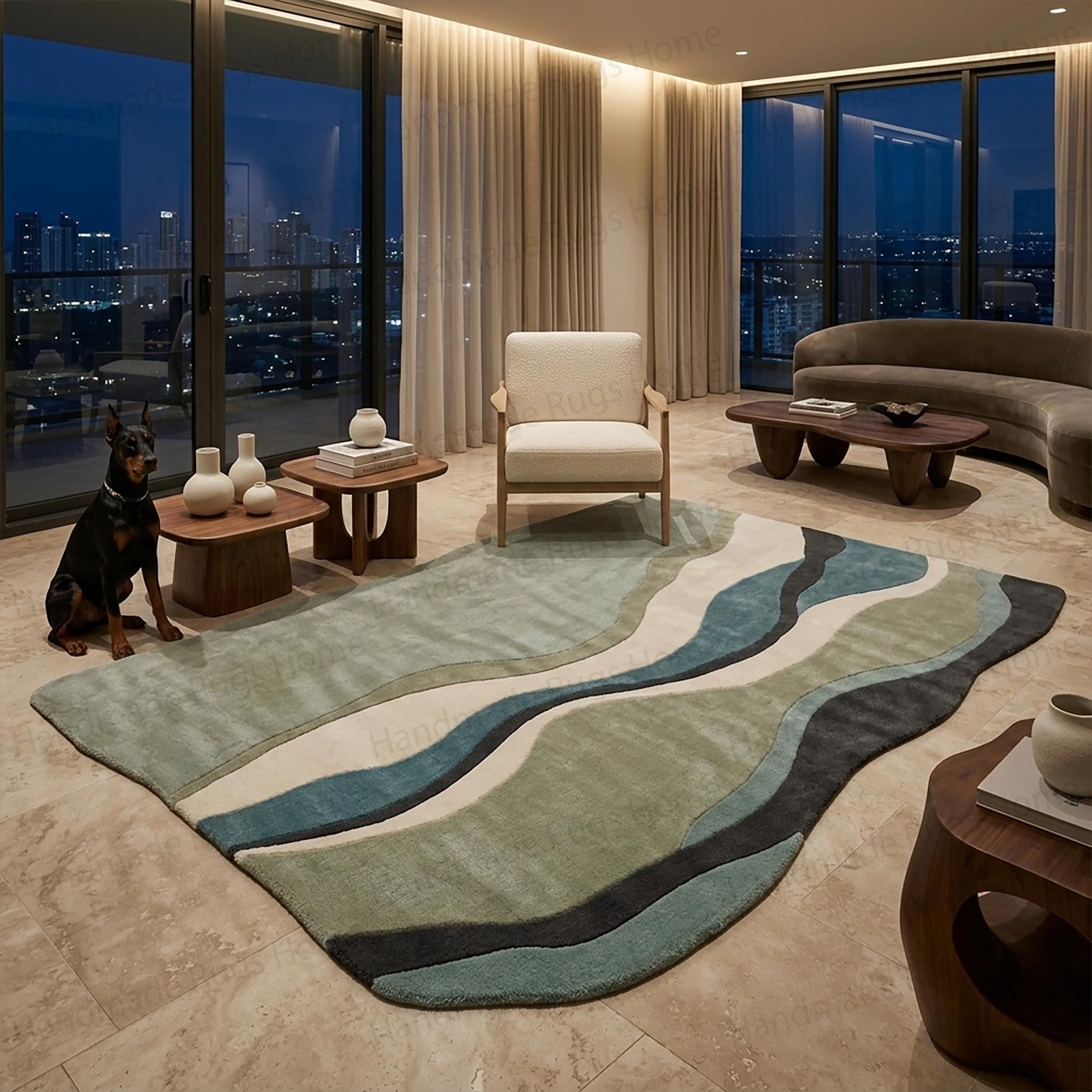 Aesthetic room setup enhanced by an organic shaped rug

Soft textured surface providing safe play ground for toddlers

Interior design showcasing trendy wave pattern furnishings

Sophisticated lounge flooring solution with durable construction

Beautifully styled apartment overlooking city night skyline with cozy carpet

Distinctive designer mat offering unparalleled underfoot comfort