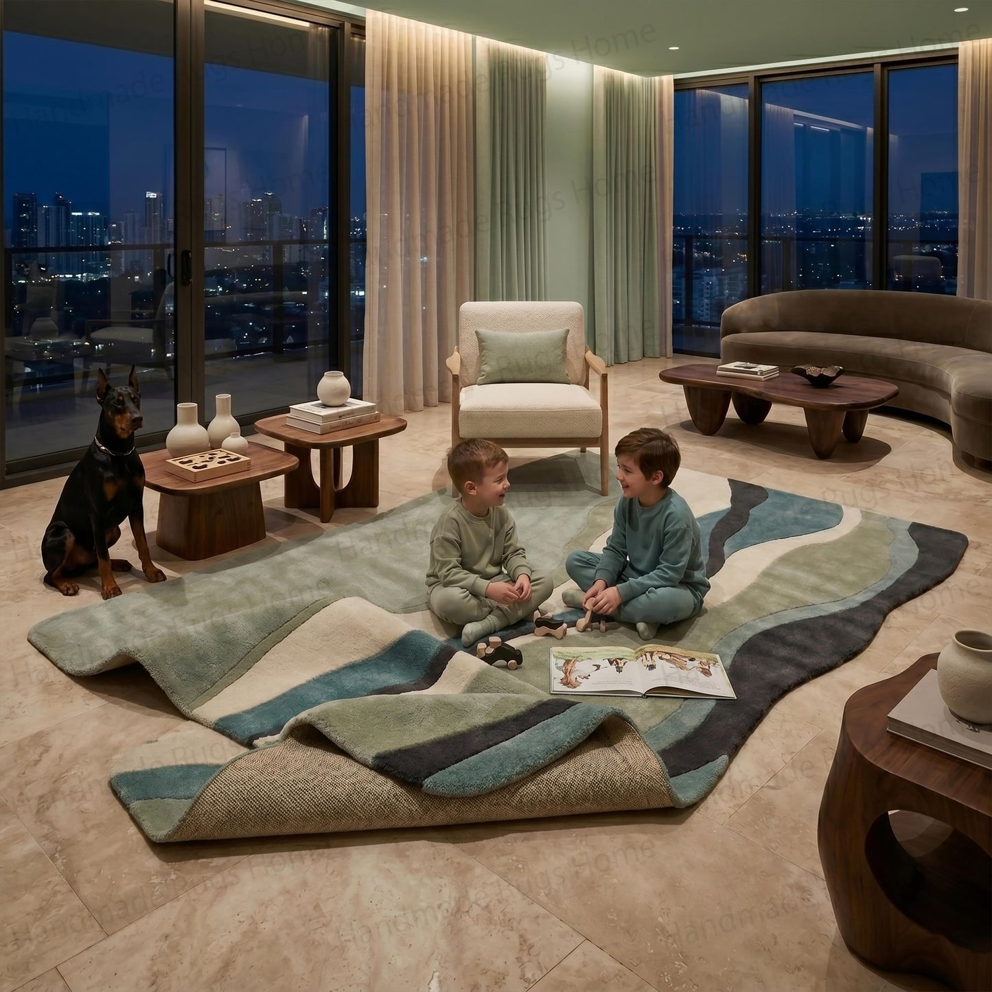 Warm inviting living environment centered around a plush carpet