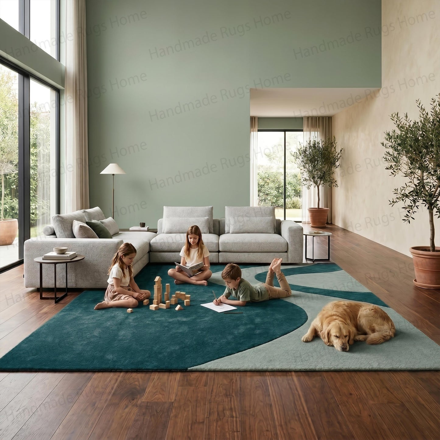 Teal and cream abstract hand-tufted wool rug in a modern living room

Children playing on a soft contemporary wavy carpet alongside a resting golden retriever

Family relaxing on an organic shaped luxury floor covering with biomorphic designs

High-quality artisan crafted textiles bringing warmth to spacious interiors

Deep blue-green custom mat featuring fluid geometric patterns