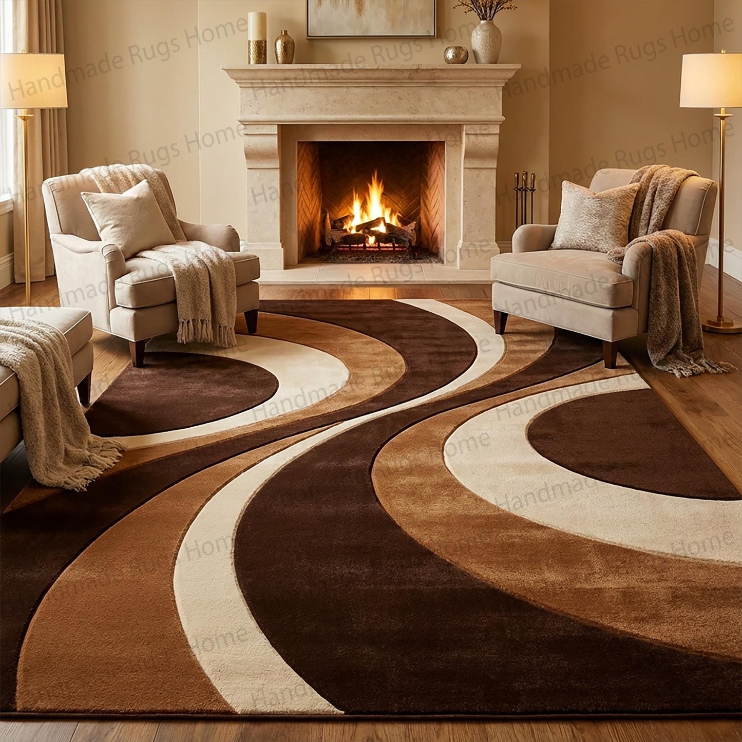 Flowing ribbon design contemporary living space carpet

Neutral earth tones abstract floor centerpiece

High-quality tufted wool rug featuring sweeping curves

Decorative brown and cream swirl pattern textile

Soft woolen floor covering for modern interior design

Mid-century inspired wavy line area carpet

Unique abstract shape mocha ivory floor accent