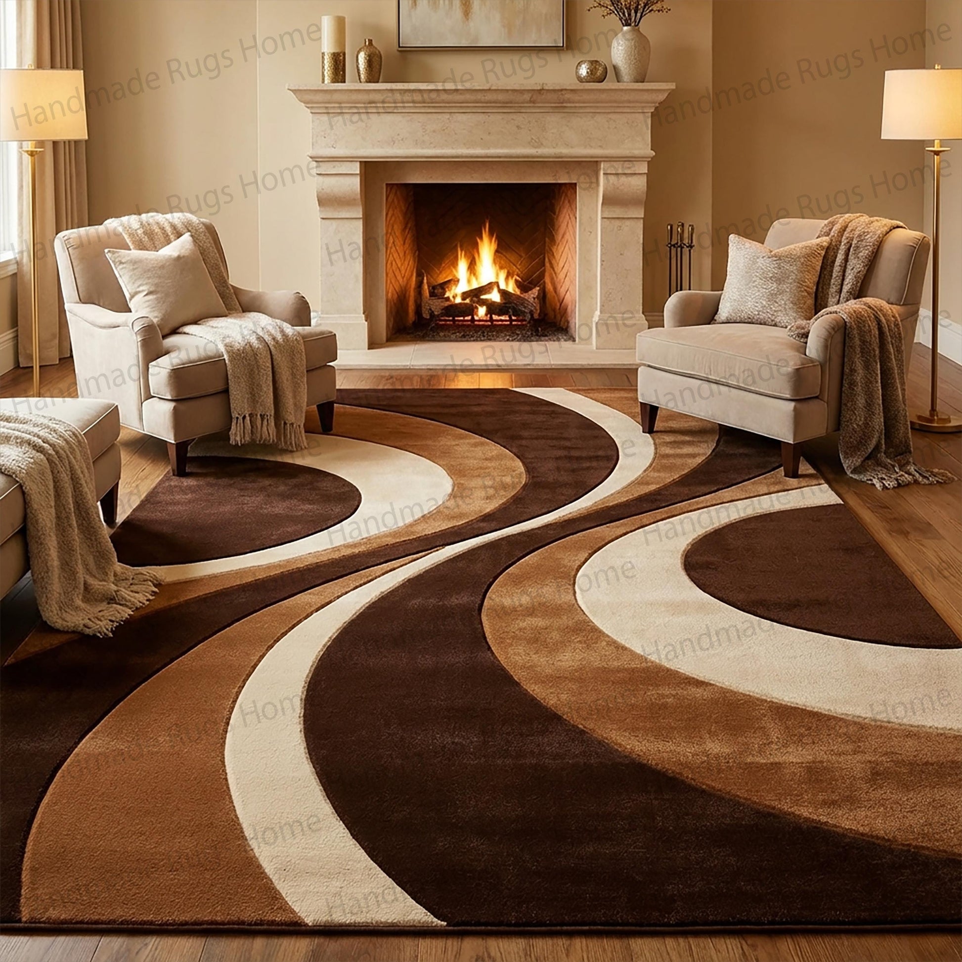 Flowing ribbon design contemporary living space carpet

Neutral earth tones abstract floor centerpiece

High-quality tufted wool rug featuring sweeping curves

Decorative brown and cream swirl pattern textile

Soft woolen floor covering for modern interior design

Mid-century inspired wavy line area carpet

Unique abstract shape mocha ivory floor accent