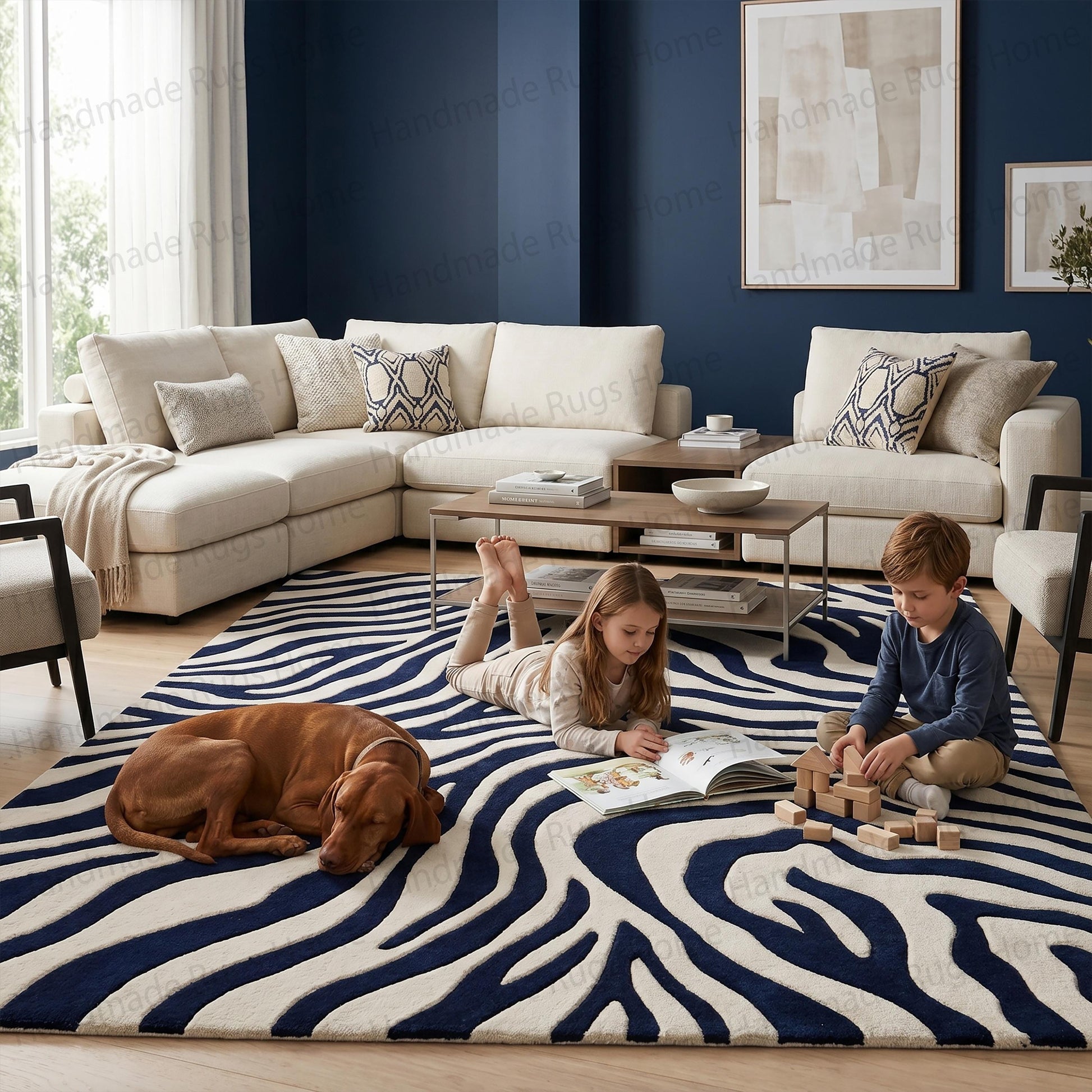Rectangular hand-tufted wool rug featuring navy blue and ivory zebra stripes.

Top-down view of a contemporary abstract wave pattern area carpet.

Dark blue and cream animal print textured floor covering.

Plush artisan crafted bedroom mat with wavy lines.

Elegant living room statement piece in high contrast colors.

Modern interior decor item showing intricate high-low textile pile.

Midnight indigo and off-white wild safari inspired furnishing.