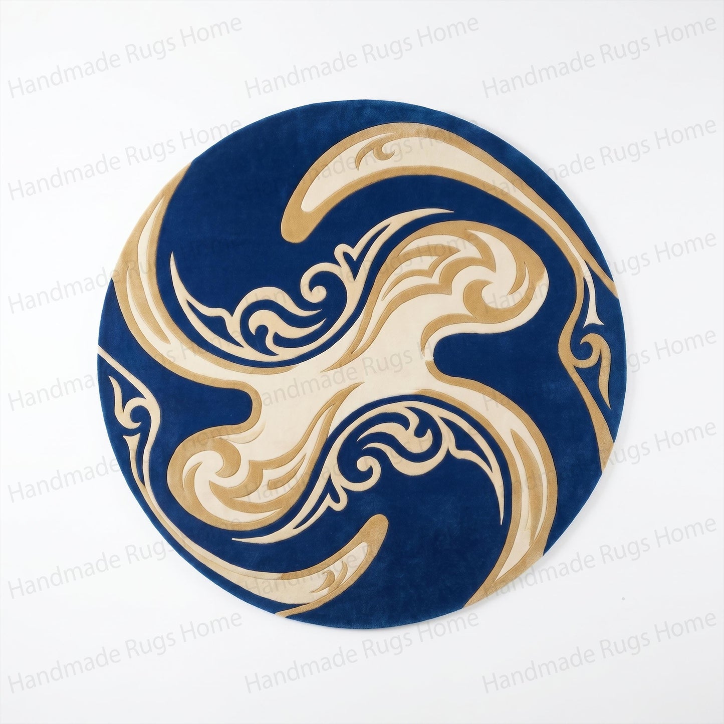 Plush interior textile featuring bold geometric fluid patterns

Navy blue round rug with cream and gold abstract waves

Sleeping golden retriever resting on a soft tufted wool surface

Room layout showing a black sofa and abstract circular accent mat

Top down perspective of a modern living area with statement flooring

Circular handcrafted decor element with contrasting blue and light tones

Cozy modern space featuring an artistic hand-tufted floor covering