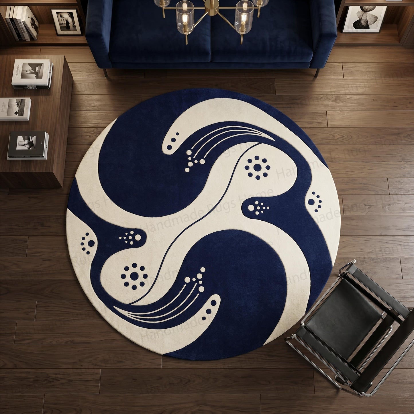 Sophisticated interior design highlighted by a swirling round area mat

Wooden train set resting next to a stylish navy patterned rug

Thick wool circular carpet adding warmth to modern architecture

Flowing organic design on a premium quality round floor piece

Minimalist room warmed up by a bold aesthetic textile

Deep blue round accent rug with intertwining light beige motifs

Artisan floor art with dynamic wave-like swirling patterns
