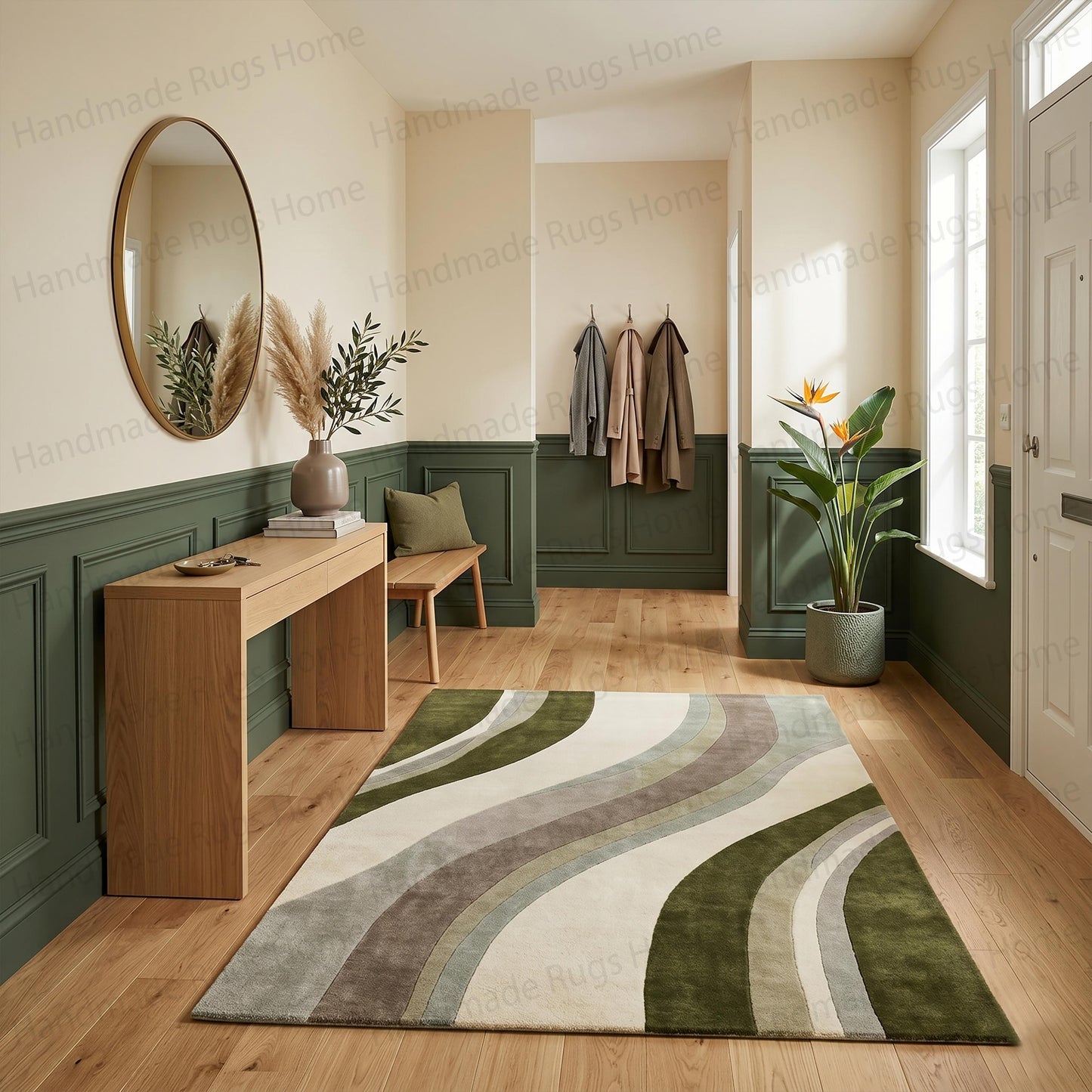 Warm taupe and forest green fluid design floor mat

Scandinavian style interior featuring abstract wave carpet

Minimalist nursery decor piece with comfortable soft texture

Earthy color palette handmade artisan rug for home decor

Large rectangular area mat with flowing organic shapes

Family friendly durable living room carpeting

Wavy sand and sage green bedroom floor accessory

Premium quality thick wool tufted indoor rug

Sunlight hitting a textured green and grey abstract carpet