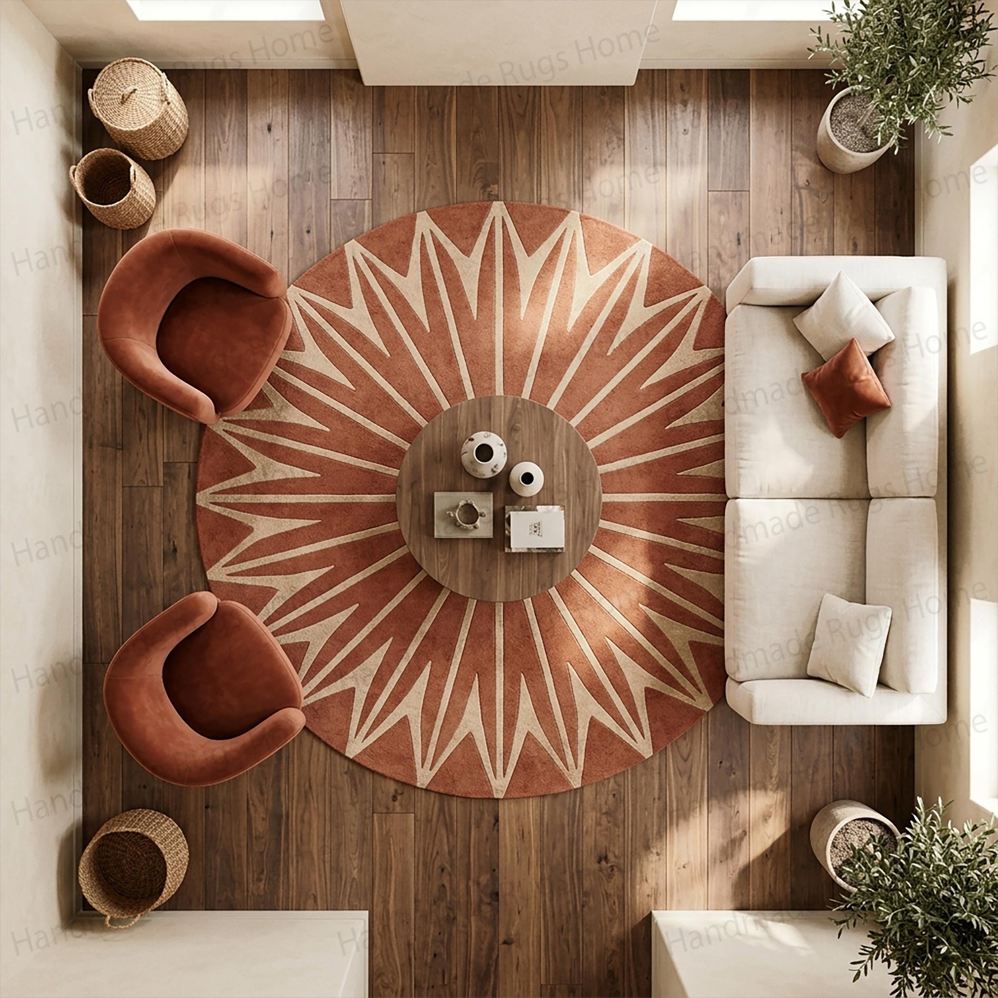 Warm terracotta tufted flooring accent for modern living rooms

Starburst pattern circular rug hanging on a white background

Premium tufted wool rug with striking geometric rust details

Circular bohemian room decor mat in clay and beige shades

Intricate sunburst motif on a round hand-tufted wool carpet

Large circular terracotta rug perfect for modern interior styling