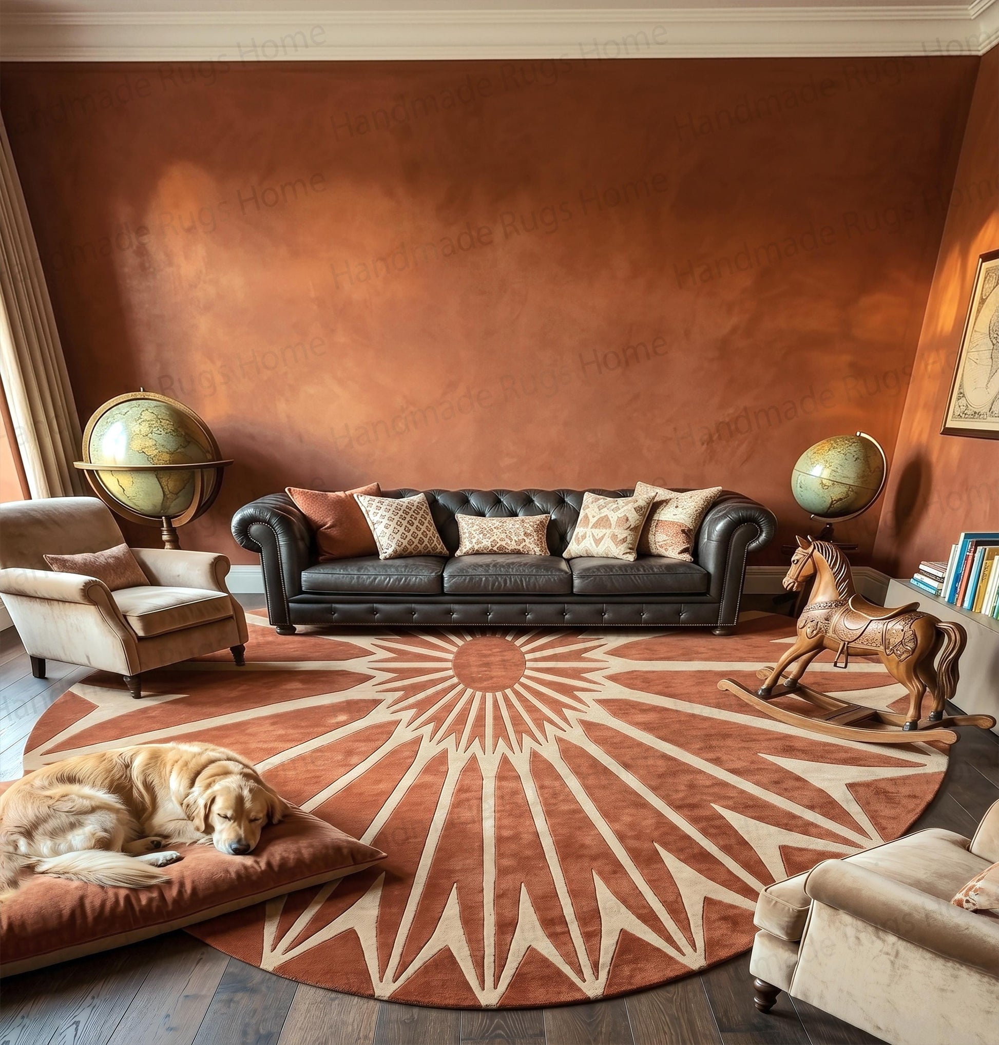 Artisan tufted circular rug with precise geometric starburst lines

Stylish round area mat blending rust orange with soft neutral colors

Modern round flooring piece with a retro geometric sun pattern

Beautiful terracotta circular rug adding warmth to interior spaces

Detailed close-up of a sunburst tufted wool rug design

Contemporary circular carpet with a bold radiating star motif