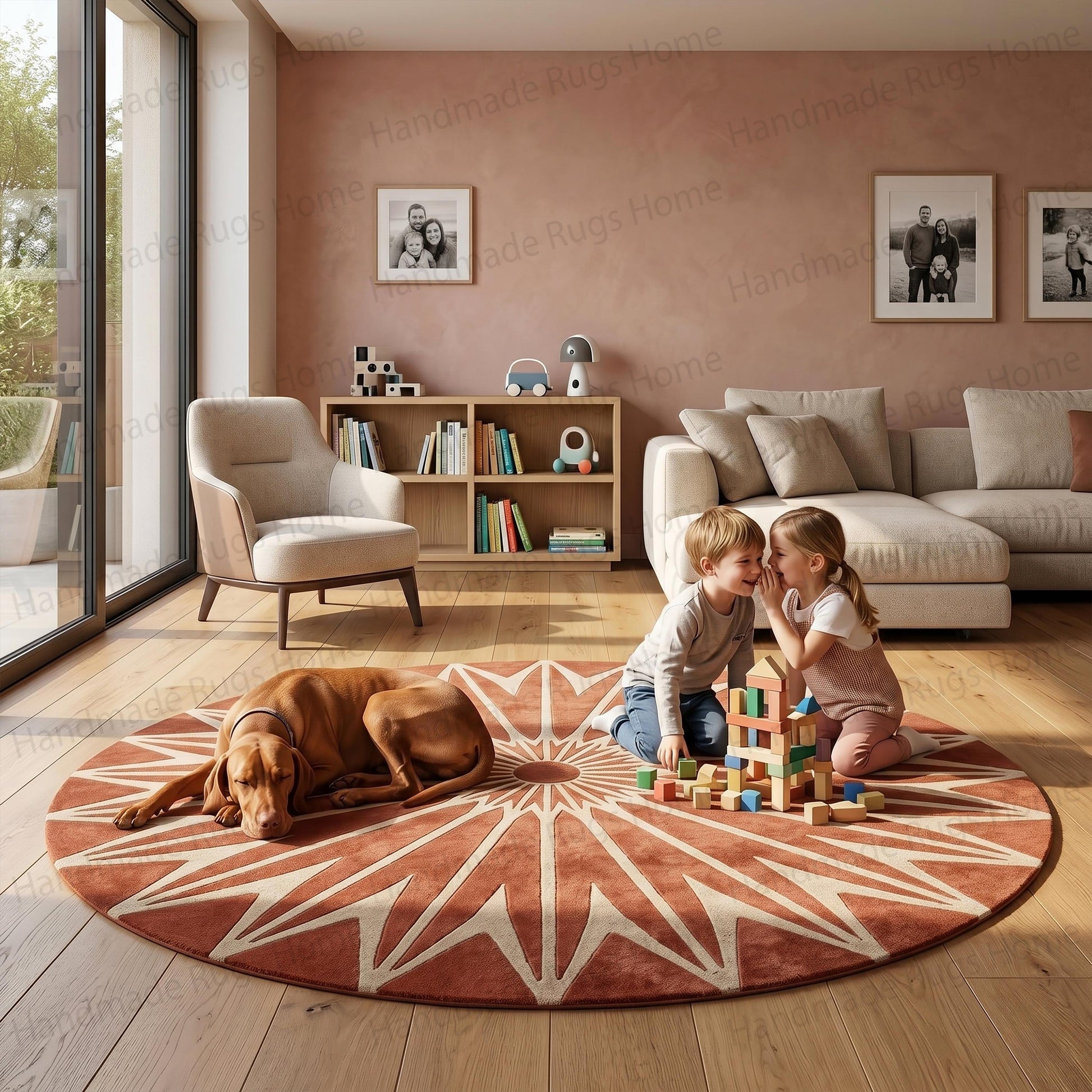 Round terracotta wool rug displaying a beige geometric starburst pattern

Circular hand-tufted carpet in rust and cream radiating sun motif

Top-down view of a modern bohemian circular floor covering

Earthy tone hand-tufted wool mat with abstract star design

Terracotta and sand colored mid-century modern circular rug

Artisanal hand-made wool carpet featuring a bold radiating sunburst

Round geometric area rug in burnt orange and neutral cream