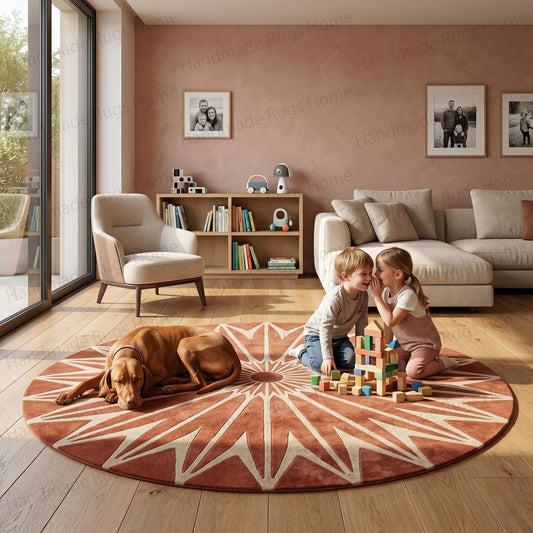Round terracotta wool rug displaying a beige geometric starburst pattern

Circular hand-tufted carpet in rust and cream radiating sun motif

Top-down view of a modern bohemian circular floor covering

Earthy tone hand-tufted wool mat with abstract star design

Terracotta and sand colored mid-century modern circular rug

Artisanal hand-made wool carpet featuring a bold radiating sunburst

Round geometric area rug in burnt orange and neutral cream