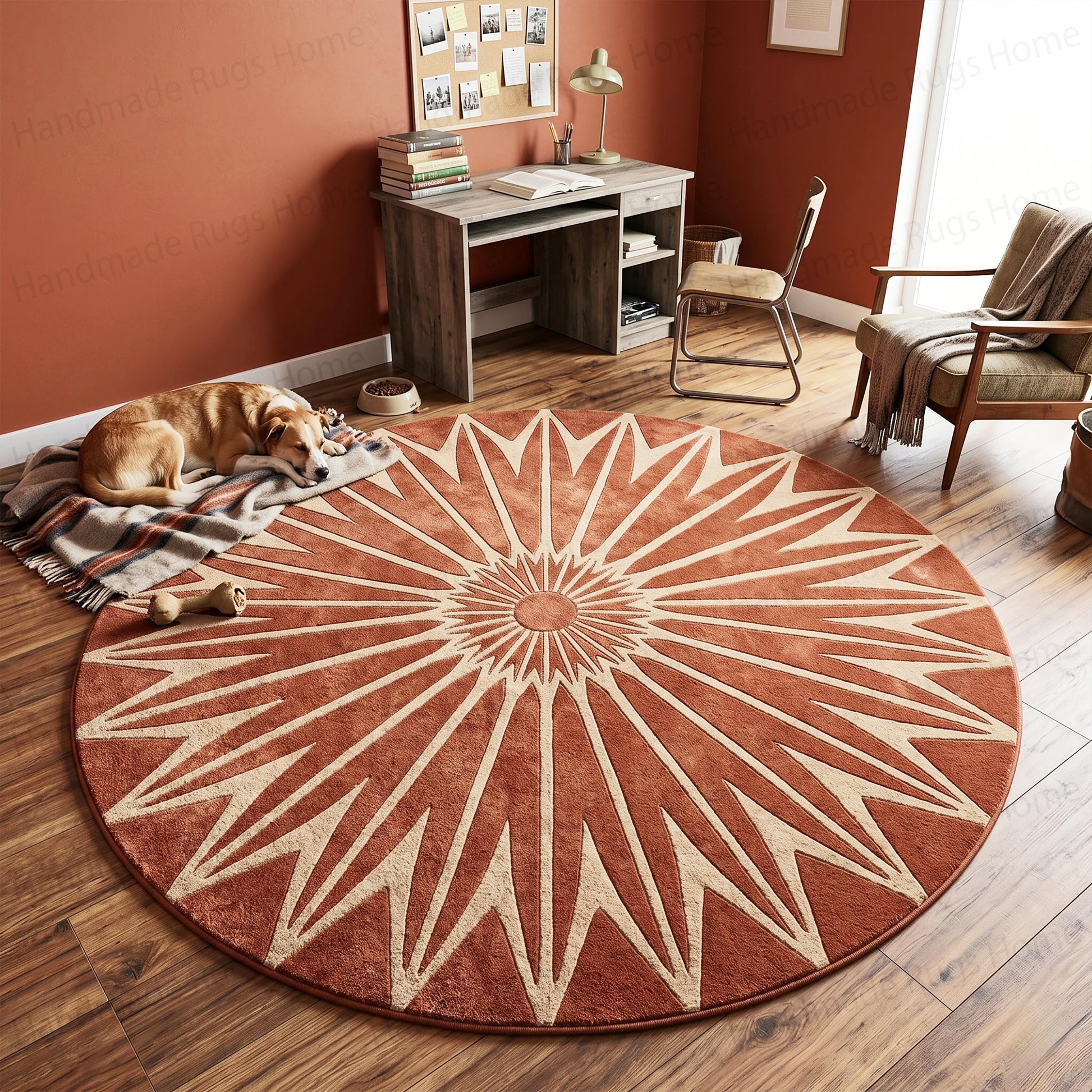 Burnt orange circular wool rug featuring intricate cream line work

Elegant geometric sunburst round carpet for elevated home decor