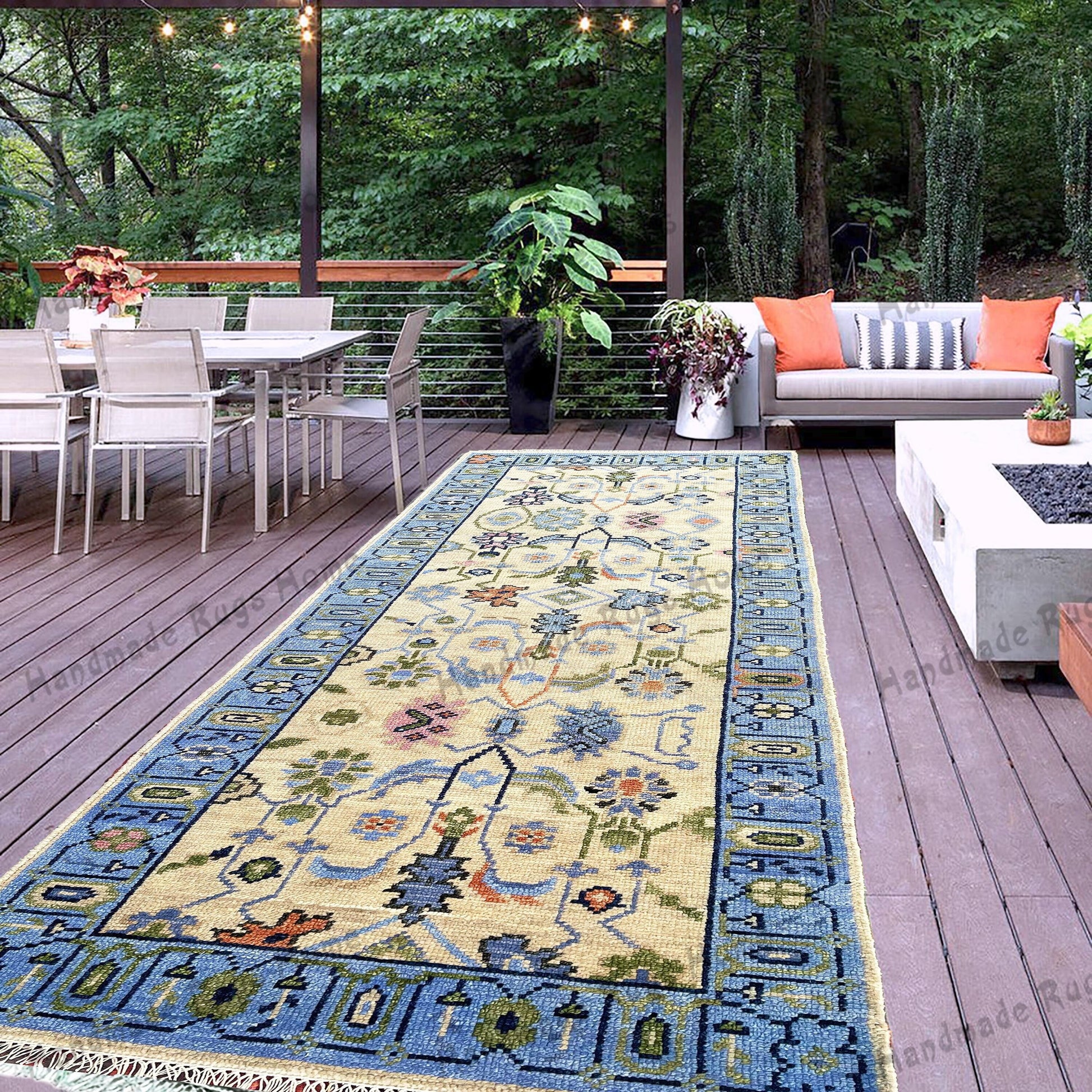 Elegant Oushak handmade runner rug showcasing stunning geometric patterns in soft, muted colors. Crafted from high-quality wool, this durable rug is perfect for hallways or entryways, adding warmth and charm to your home decor.
