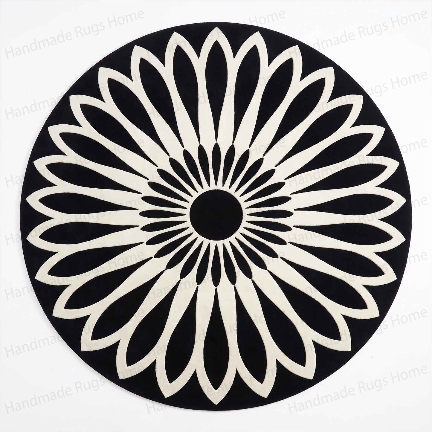 Plush textured surface of high quality tufted wool material

Interior decorating inspiration using geometric focal points

Handmade decorative mat with large white radiating petals

Sophisticated lounge space grounded by circular art piece