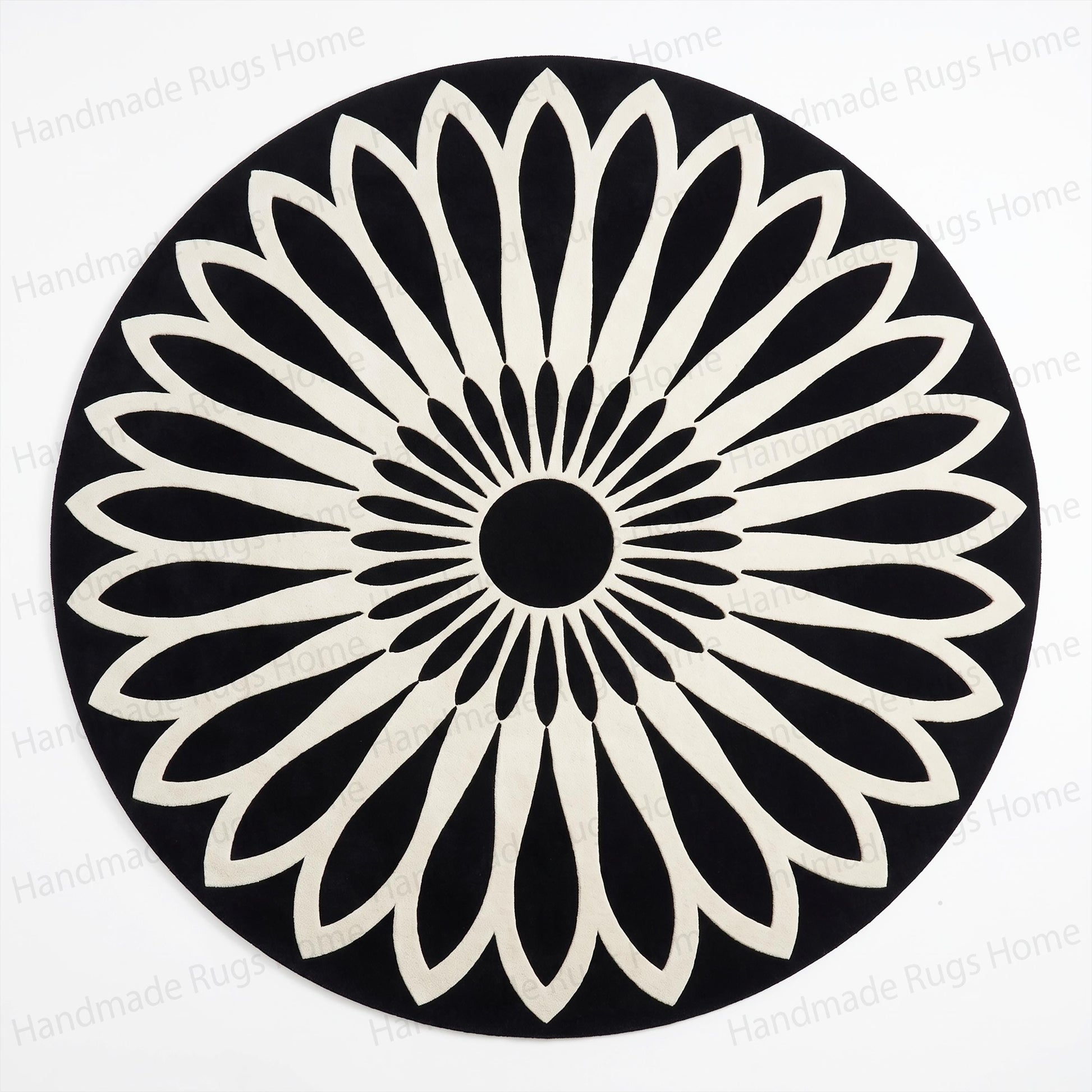 Plush textured surface of high quality tufted wool material

Interior decorating inspiration using geometric focal points

Handmade decorative mat with large white radiating petals

Sophisticated lounge space grounded by circular art piece