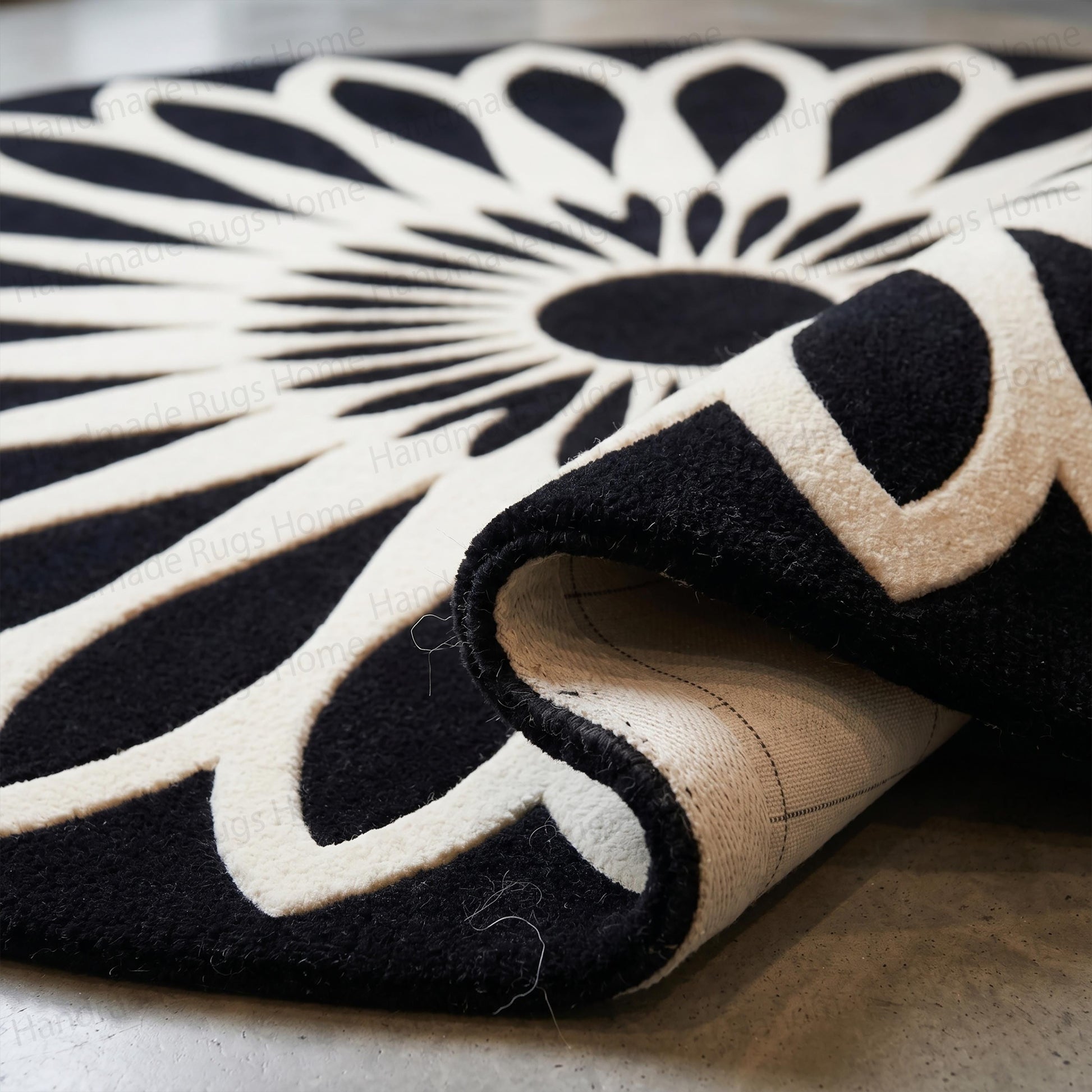 Detailed craftsmanship shown on handmade modern floor decor

Striking black base with light colored graphic floral overlay

Versatile round carpet suitable for transitional interior styles