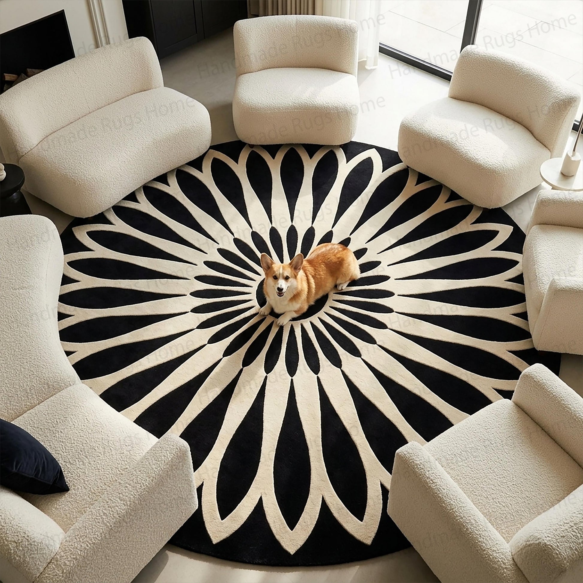 Close up of tufted textile texture and intricate geometric detailing

Stylish foyer showcasing statement piece circular floor covering

Decorative room accent providing cozy underfoot comfort

Large dramatic contrast rug for spacious elegant interiors

Custom woven geometric circle mat for sophisticated spaces

Premium quality bedroom carpet highlighting abstract flower shapes

High contrast interior design staging with soft plush textiles