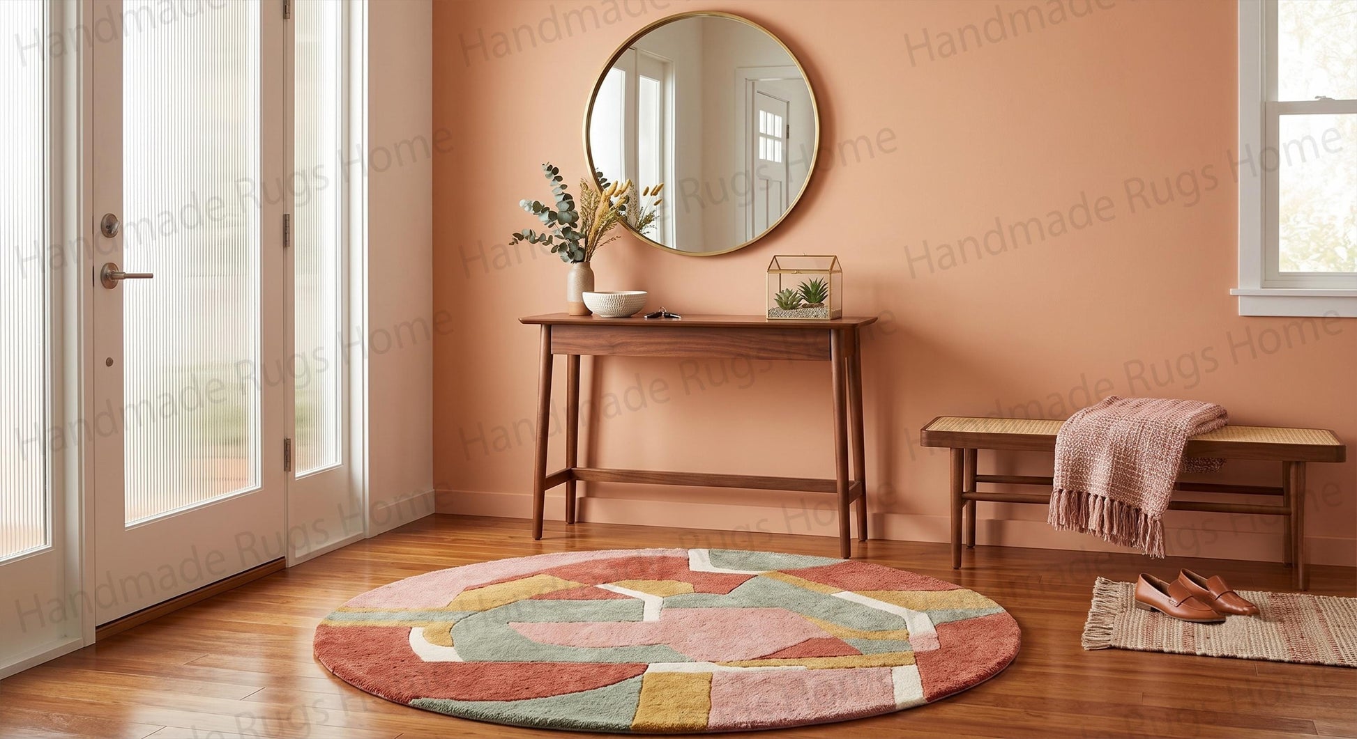 Close-up of artisan hand-tufting details on a premium round geometric wool rug.

High-traffic area round wool carpet featuring durable construction and elegant design.

Sophisticated round accent rug with unique color harmony for modern home styling.
Earthy color-blocked round rug complementing a cozy armchair and indoor plants.
Minimalist geometric circular wool rug with carved pile detailing for extra depth

Round plush carpet in terracotta, sage, and cream highlighting mid-century aesthetics.