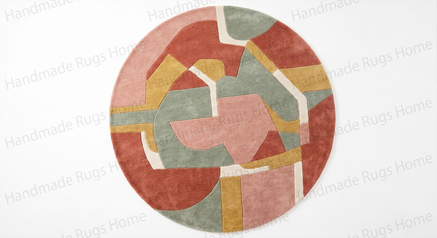 Flat lay view of a premium round hand-tufted rug on a clean white background.

Thick tufted wool carpet showing dense fiber texture in a warm multi-color palette.

Elegant round mat showcasing asymmetric color blocking in rust, gold, and dusty pink.

Contemporary round rug under a wooden coffee table in a sunlit living room.

Bohemian chic round wool rug bringing texture and warmth to a modern bedroom.

Vibrant yet soothing round area rug ideal for playful Scandinavian kids playroom.