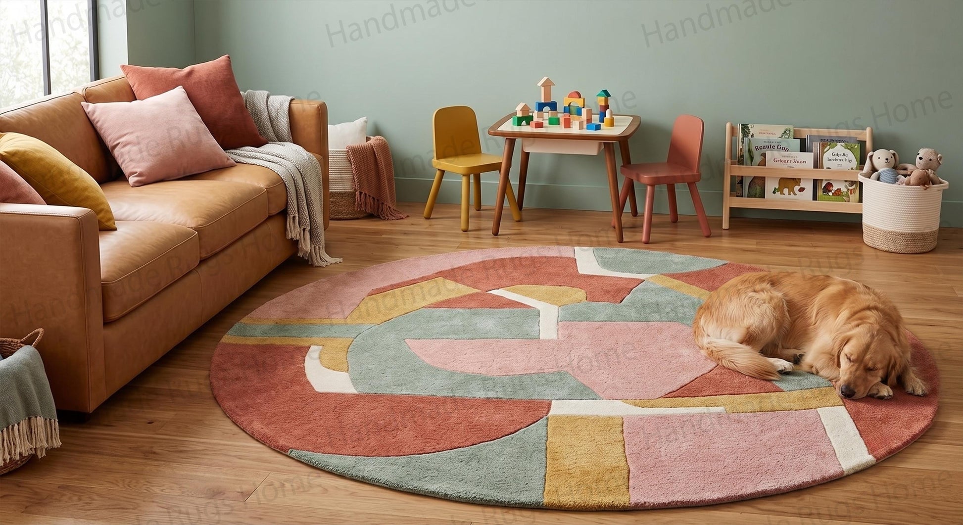 Sculpted abstract geometric circular carpet displaying ivory, mustard, pink, and green shapes.

Cozy kids room decor featuring a high-pile circular hand-tufted woolen rug.

Luxury Nordic style round rug with thick natural fibers placed beside a leather sofa.

Aesthetic dorm room setup with a colorful geometric circular area rug as a focal point.

Hand-woven abstract circular rug blending seamlessly with neutral pastel interior walls.