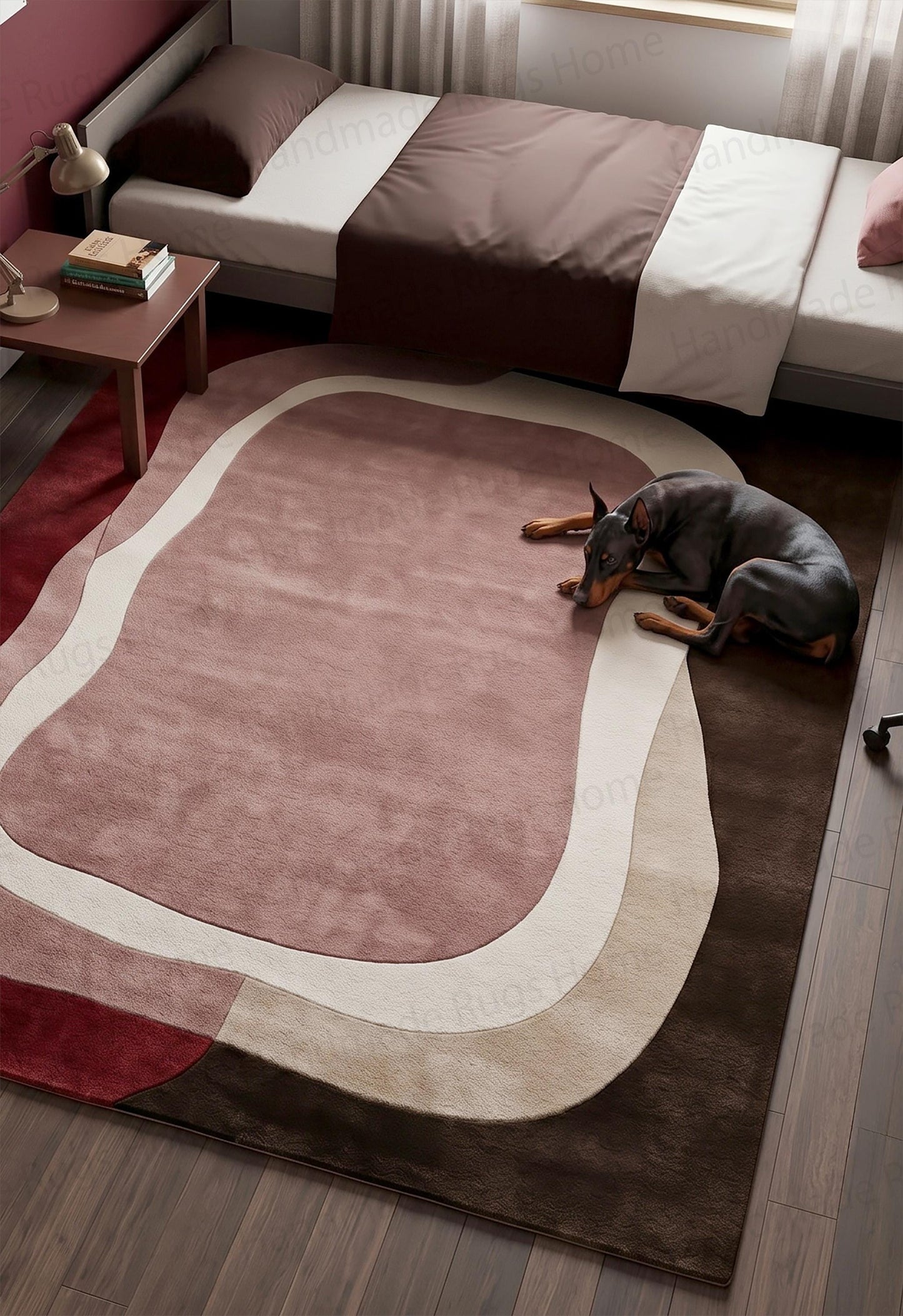 Soft pink ivory dark brown red interior statement carpet

Trendy amorphous silhouette tufted mat

High quality natural fiber floor art decoration

Multicolored asymmetrical retro inspired rug

Warm toned abstract bedroom carpet layout

Custom designed irregular shaped floor decor

Decorative organic flowing lines handwoven piece

Modernist retro fluid shape area rug

Red and brown wavy abstract home accessory

Plush soft texture contemporary indoor carpet