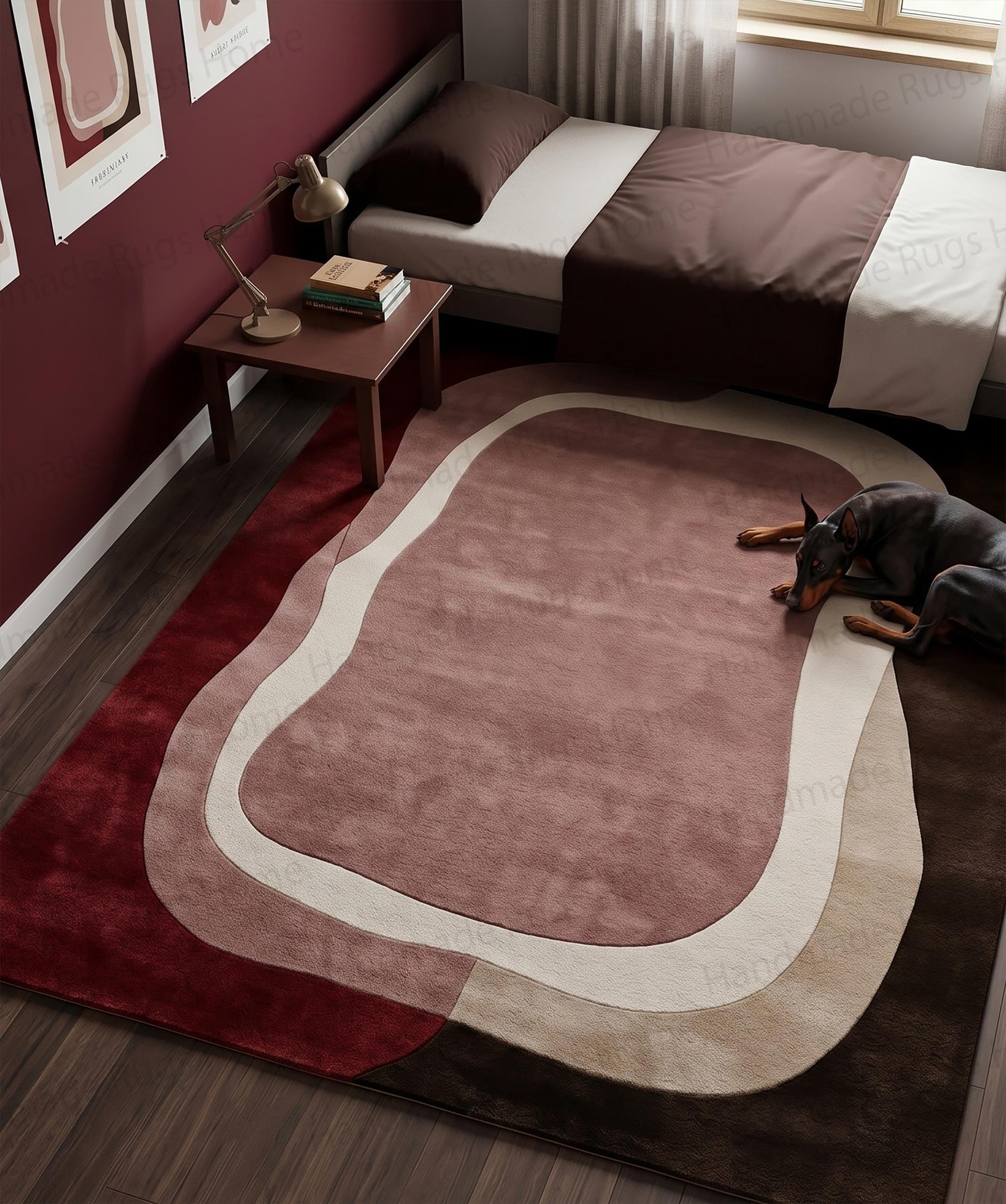 Layered wavy shapes designer textile furnishing

Premium wool geometric decor hand-tufted mat

Abstract minimalist warm color palette floor covering

Unique contoured edge artistic statement piece

Artisan crafted colorful living space rug

Trendy wavy aesthetic modern interior textile

Soft pastel pink and dark contrasting tones carpet

Beautiful handmade organic shape wool rug

Distinctive fluid curve pattern floor mat

Luxurious hand tufted abstract art decor